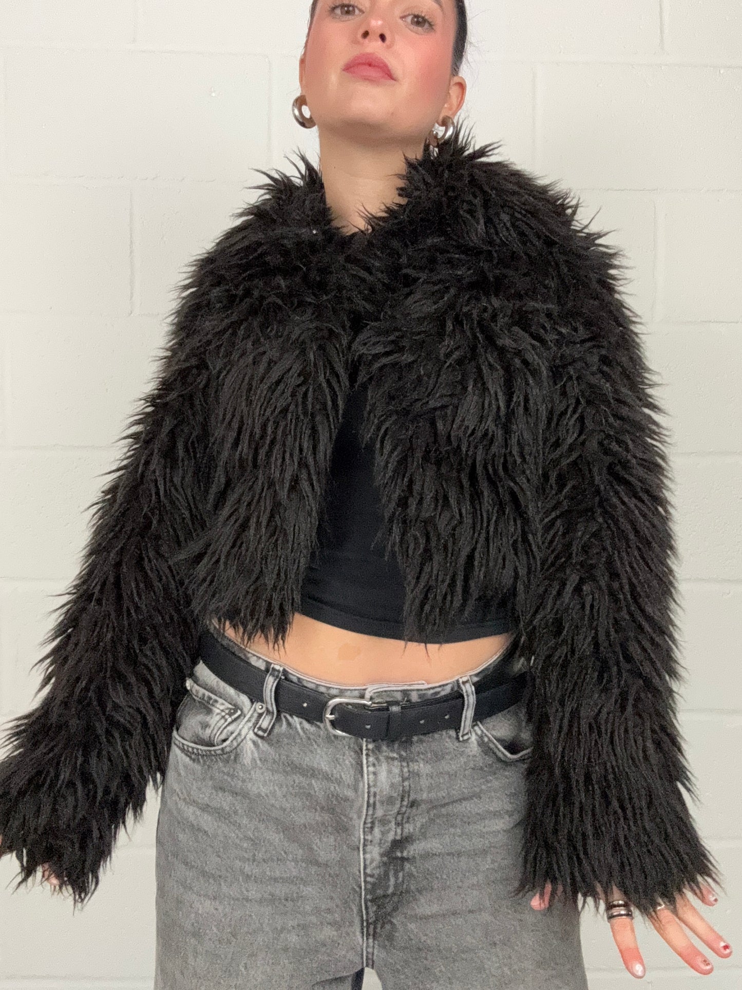 Black Faux Fur Shaggy Jacket (UK10)