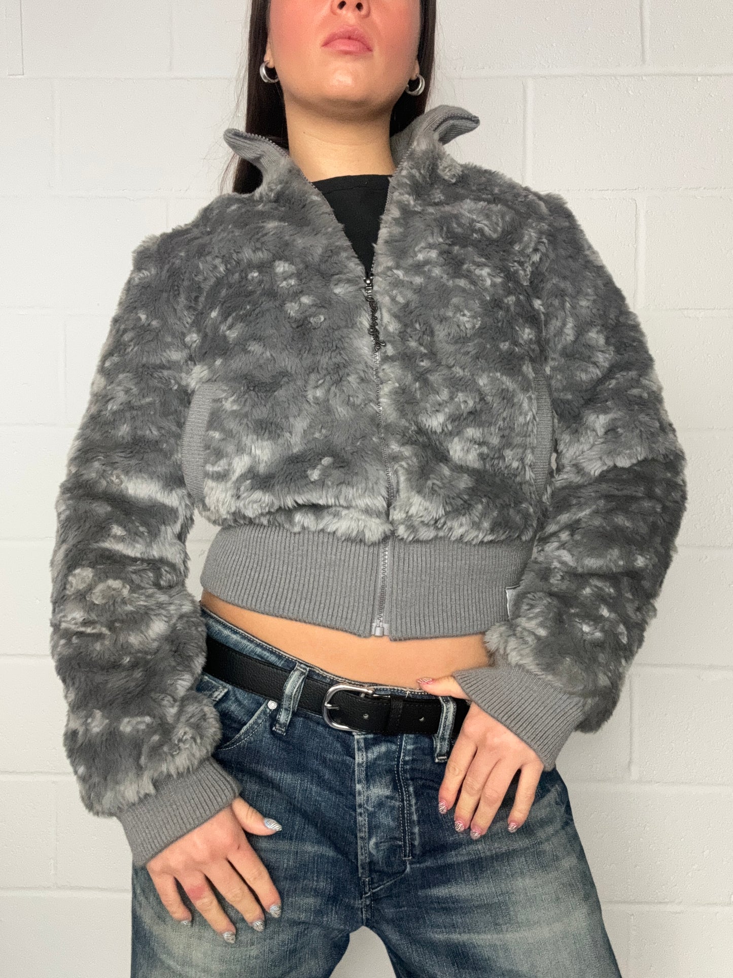 Grey Y2K Faux Fur Jacket