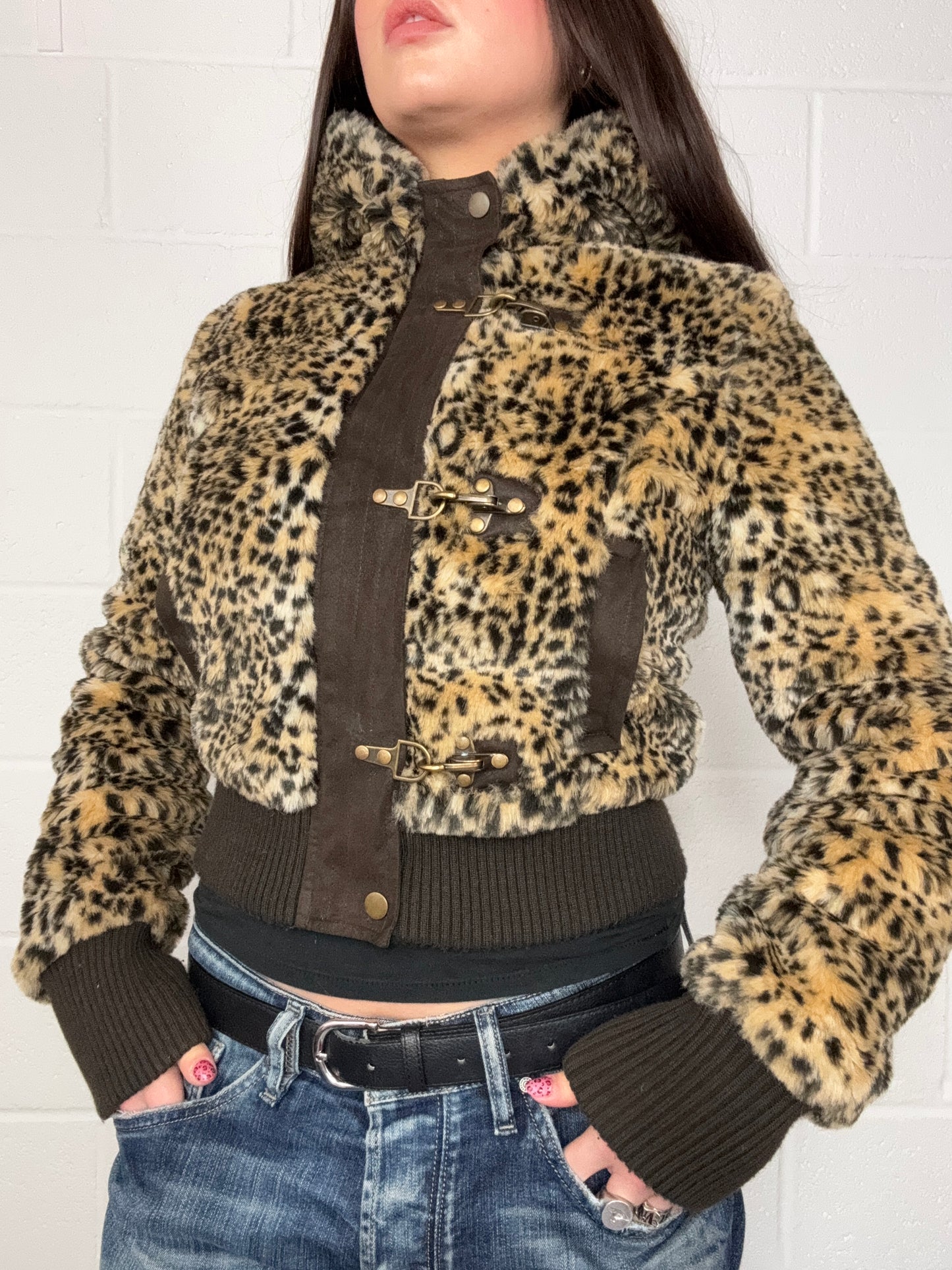 Leopard Faux Fur Bomber Jacket (S)