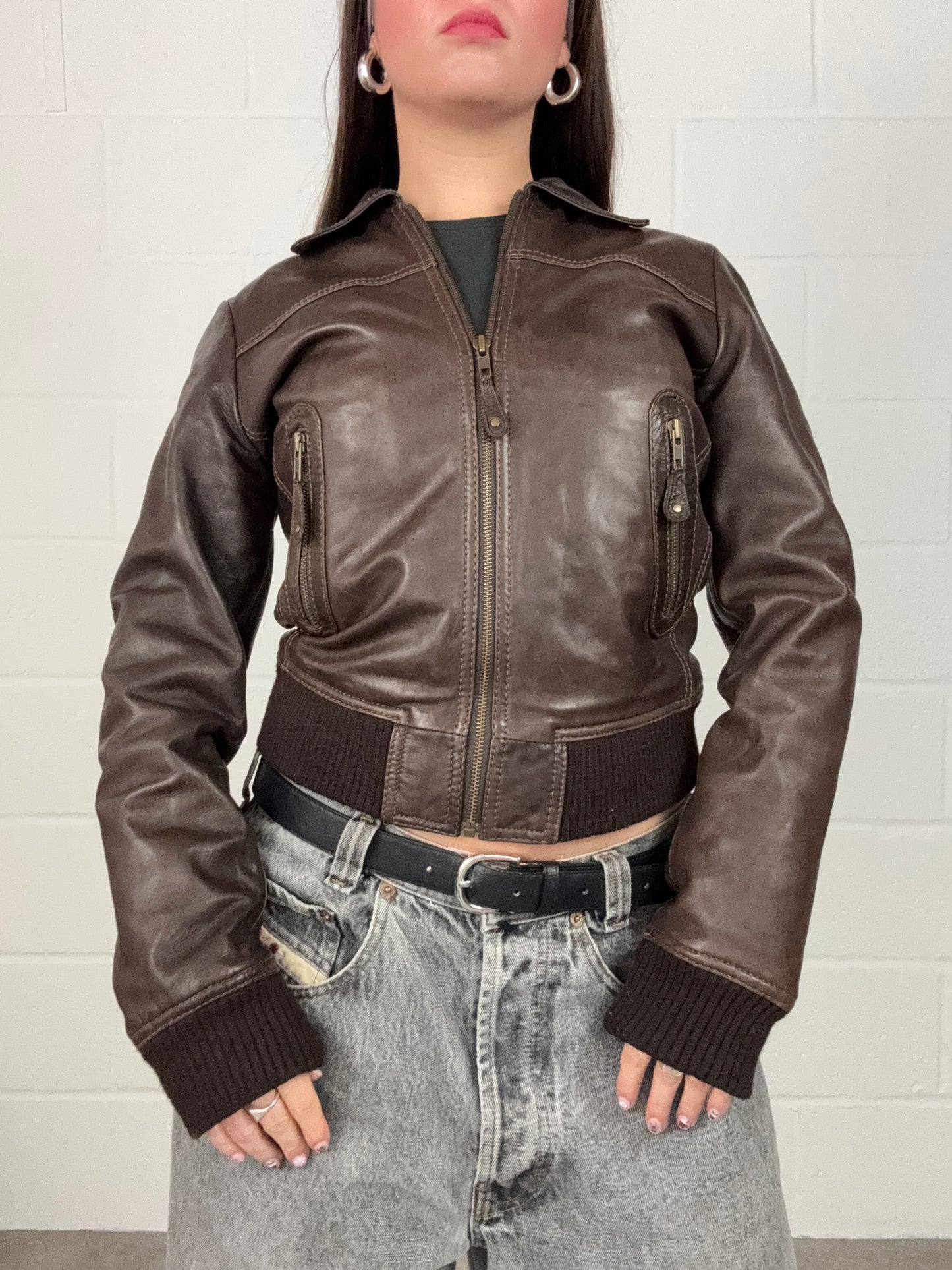 Brown Leather Bomber Jacket (S/M)