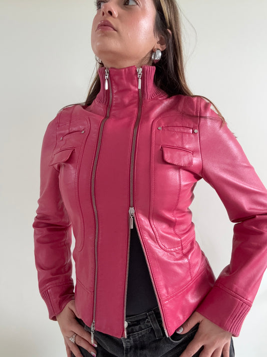 Double Zip Pink Leather Jacket (S)