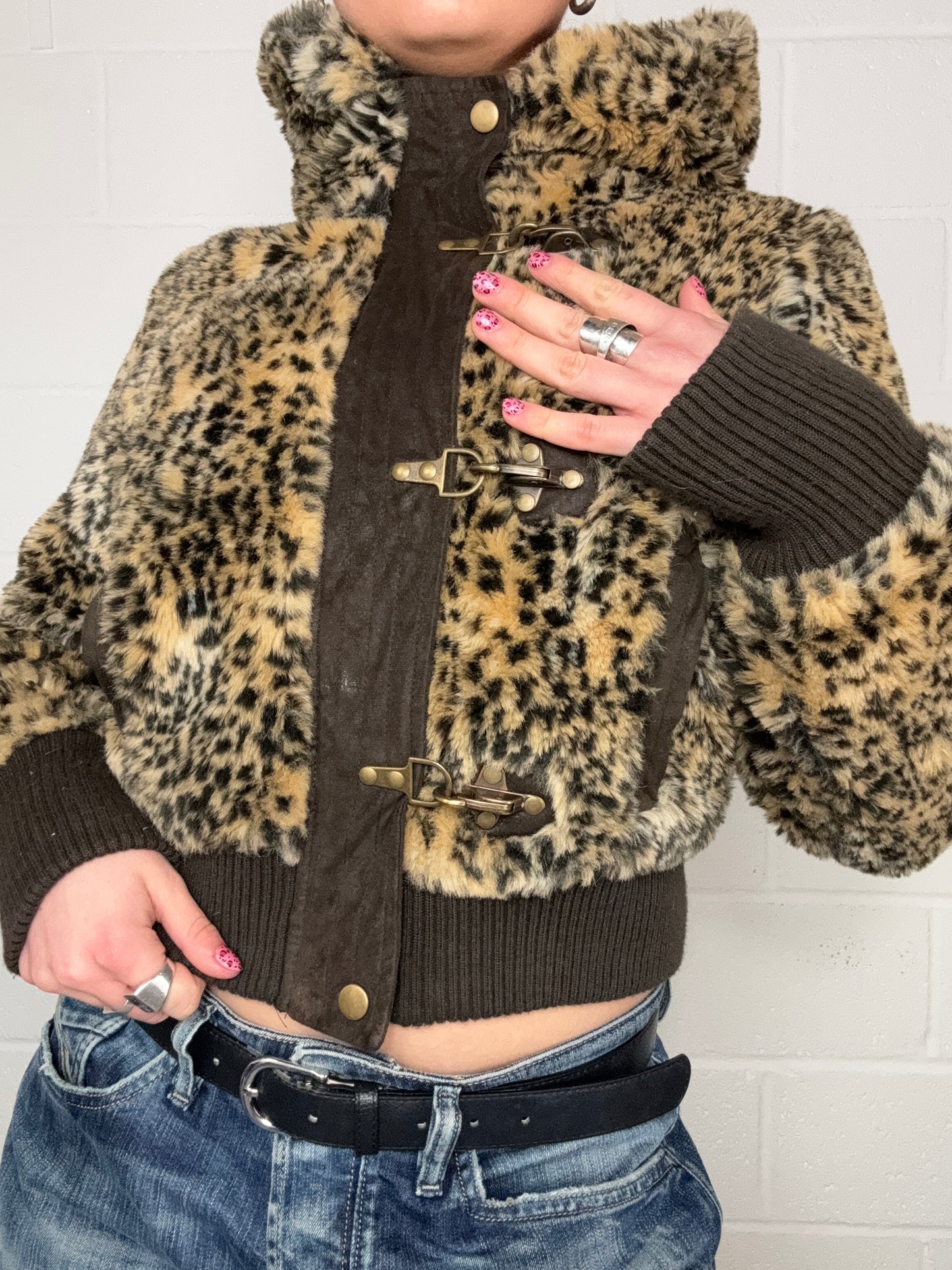 Y2K Leopard Faux Fur Jacket (M)