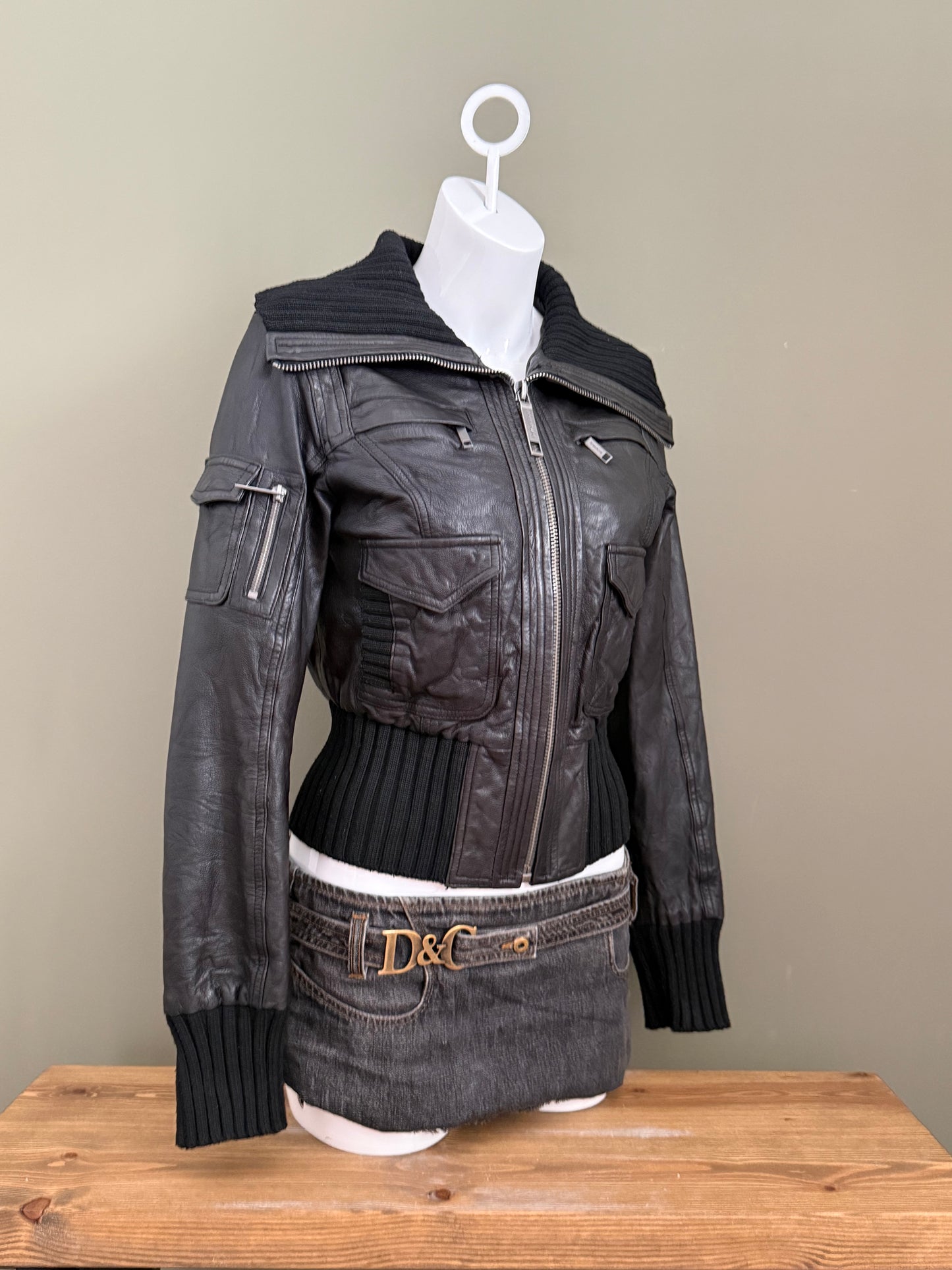 Leather Cargo Bomber Jacket (UK12)