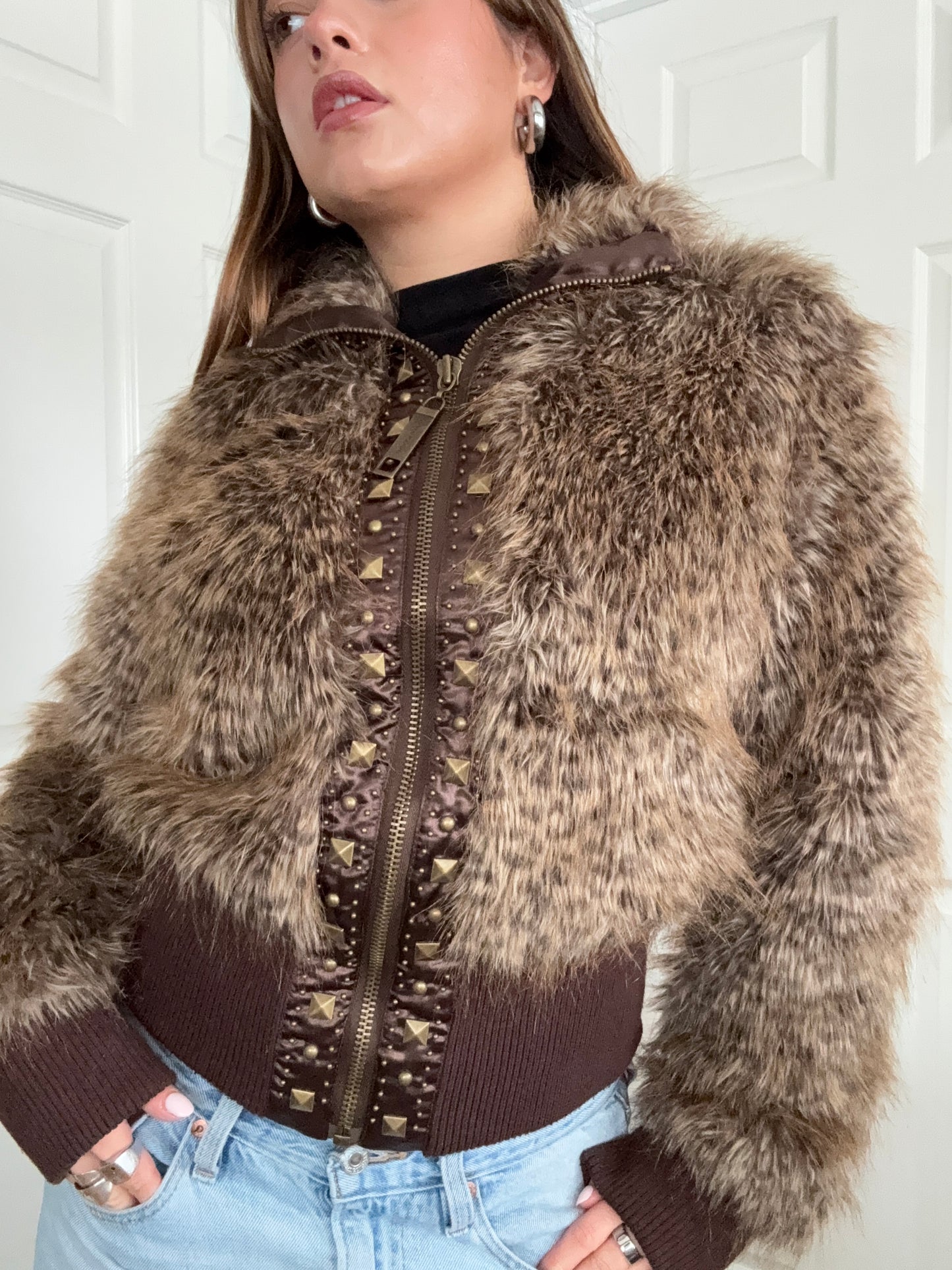 Faux Fur Leopard Bomber Jacket (UK12)