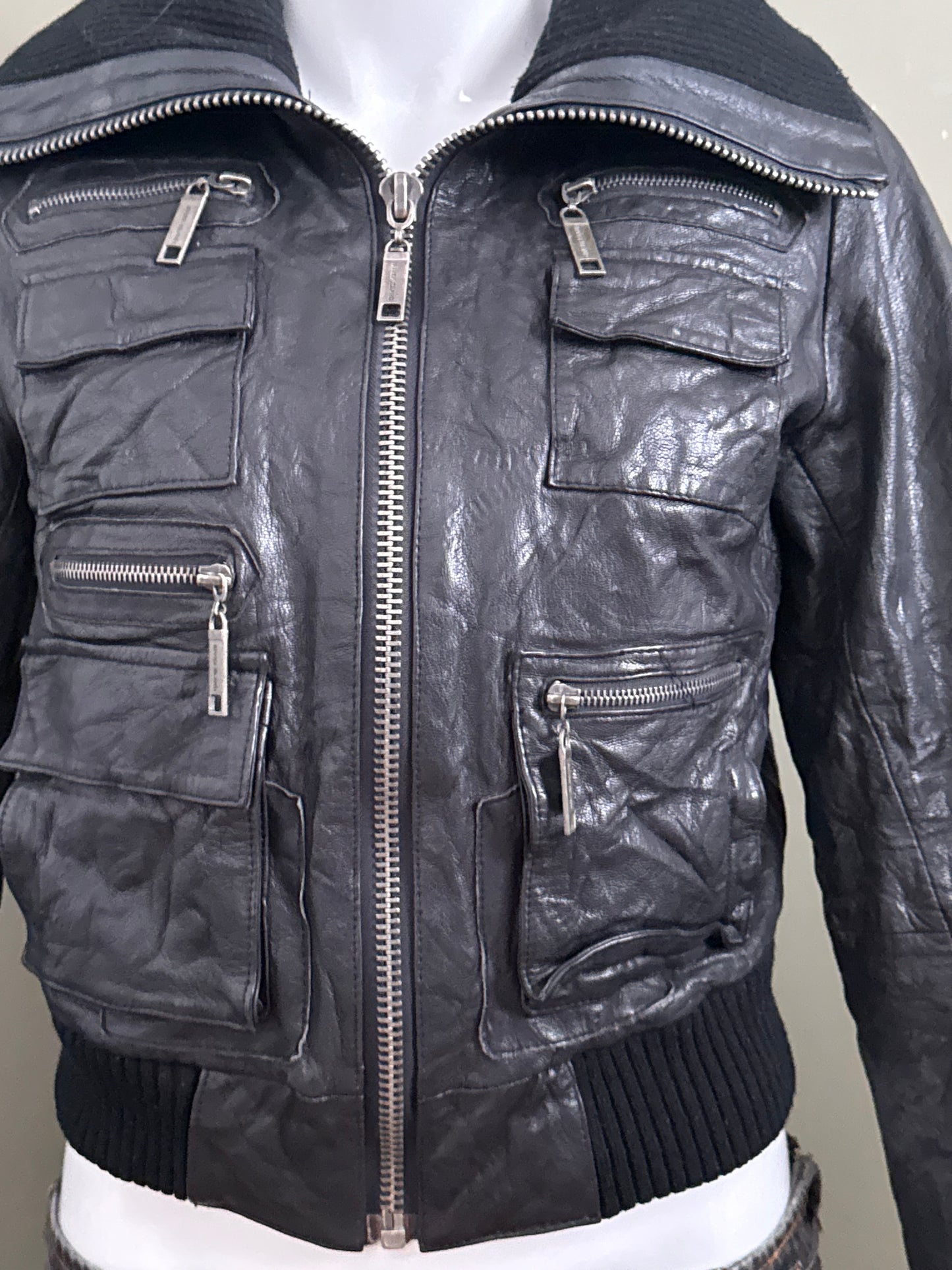 Leather Cargo Bomber Jacket (UK12)