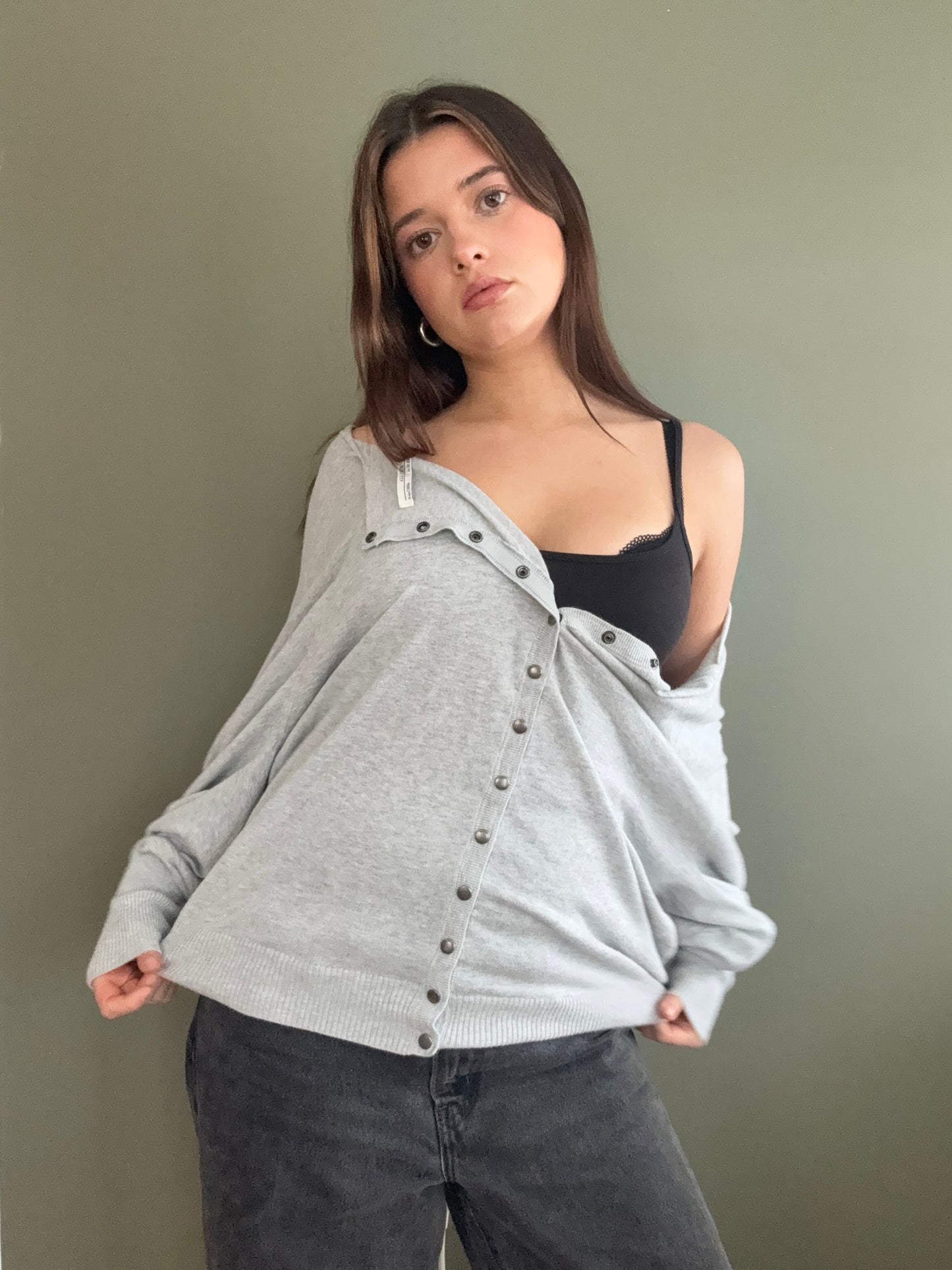 Allsaints Grey Batwing Button Up Jumper (UK10)