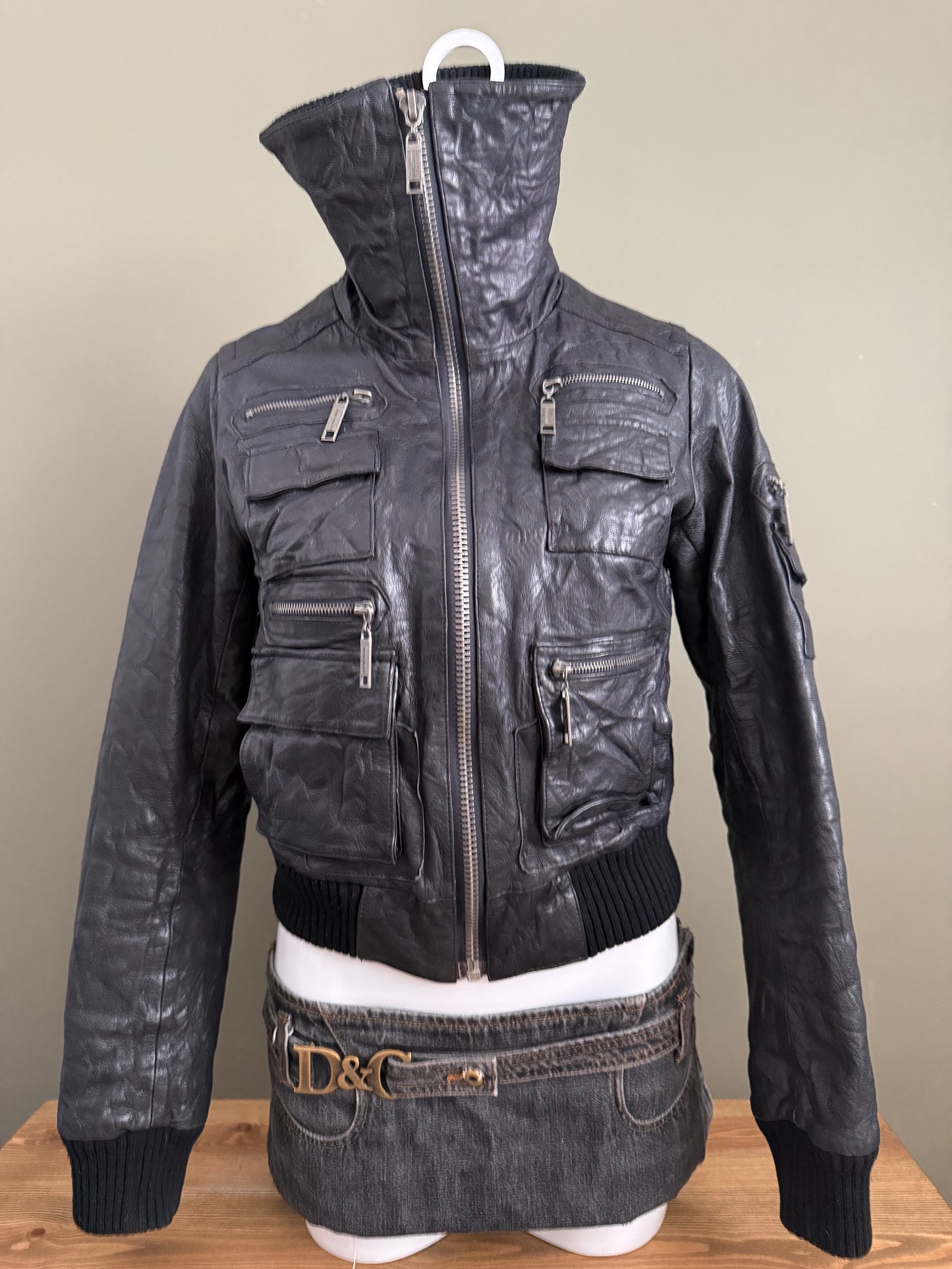 Leather Cargo Bomber Jacket (UK12)