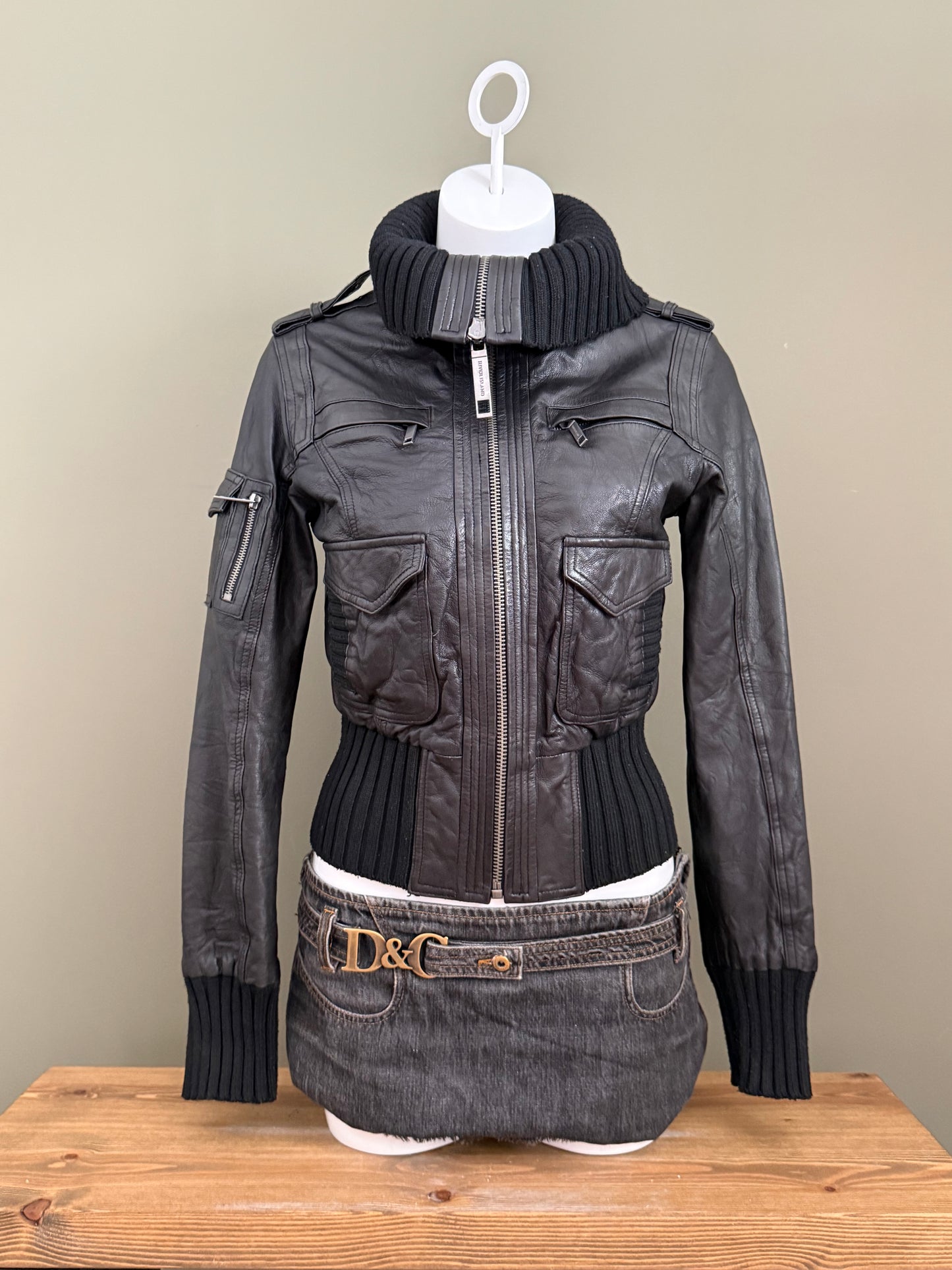 Leather Cargo Bomber Jacket (UK12)