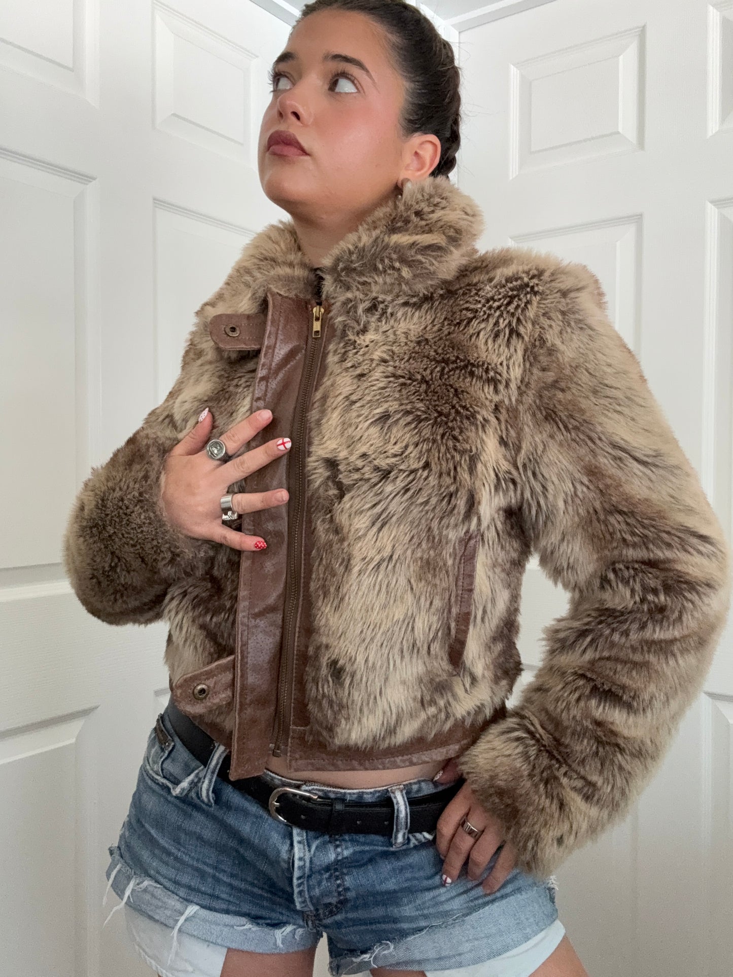 Faux Fur Buckle Bomber Jacket (UK12)