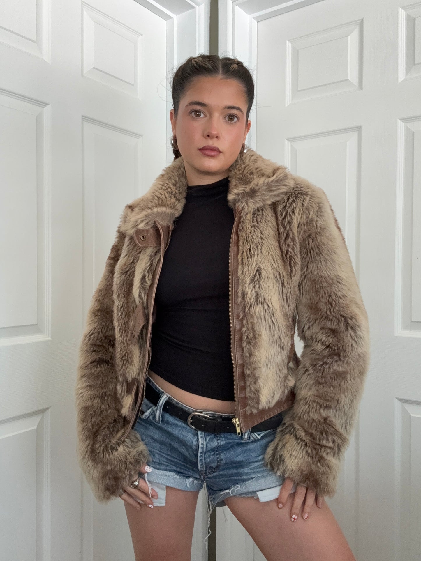 Faux Fur Buckle Bomber Jacket (UK12)