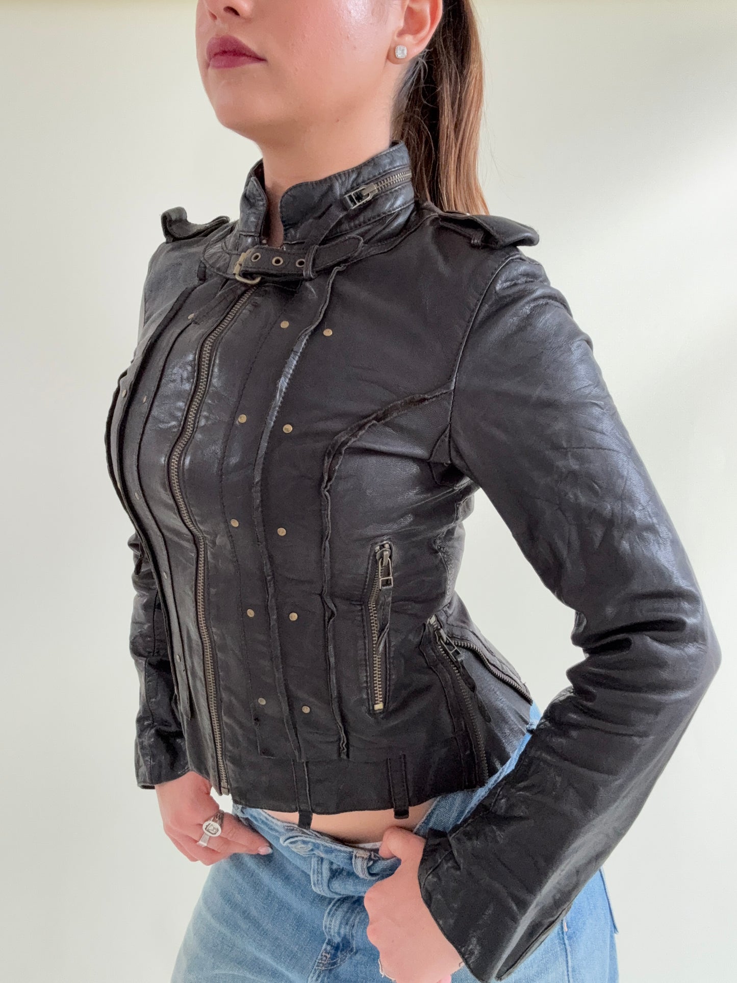 Allsaints Leather Studded Buckle Jacket (UK10)