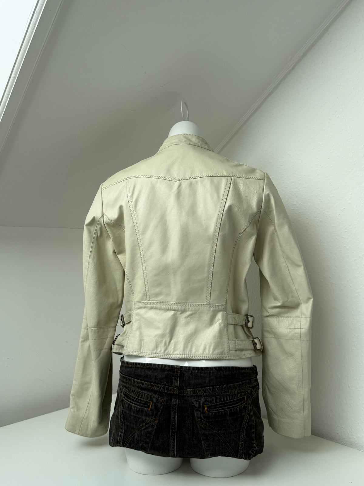 Cream Leather Vintage Buckle Jacket (UK14)