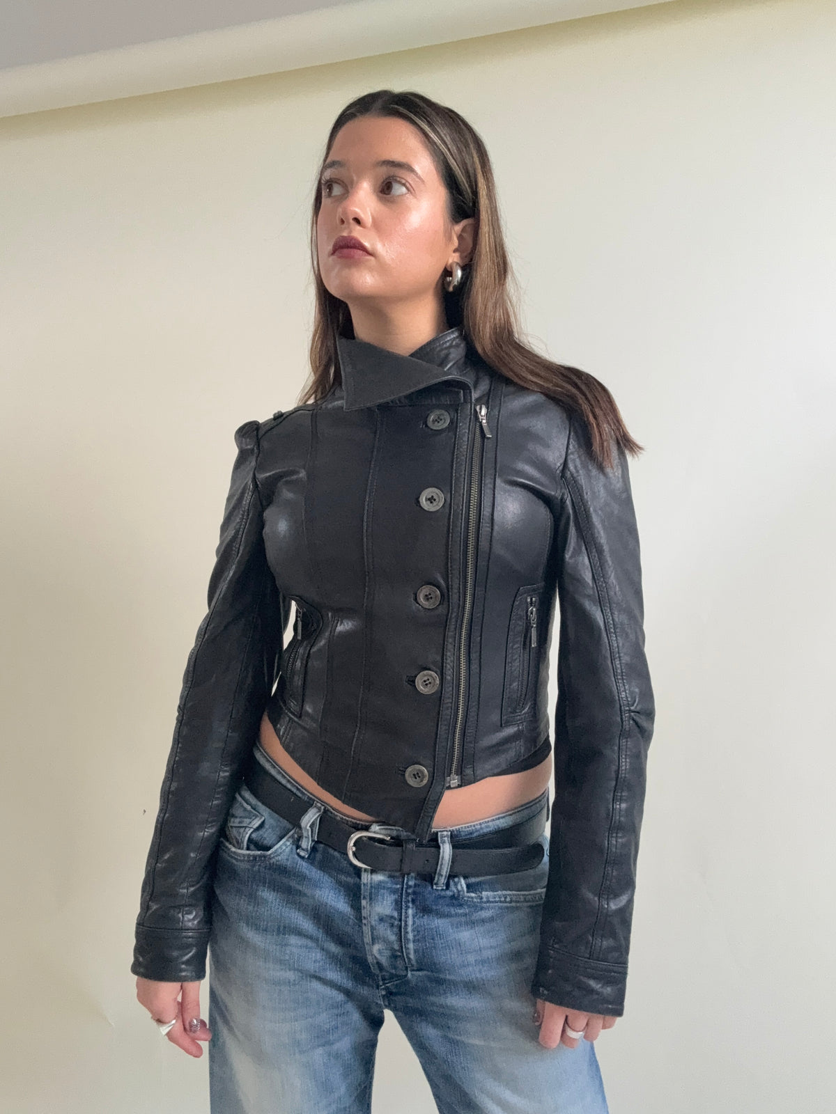Vintage Asymmetric Leather Button Jacket (XS)