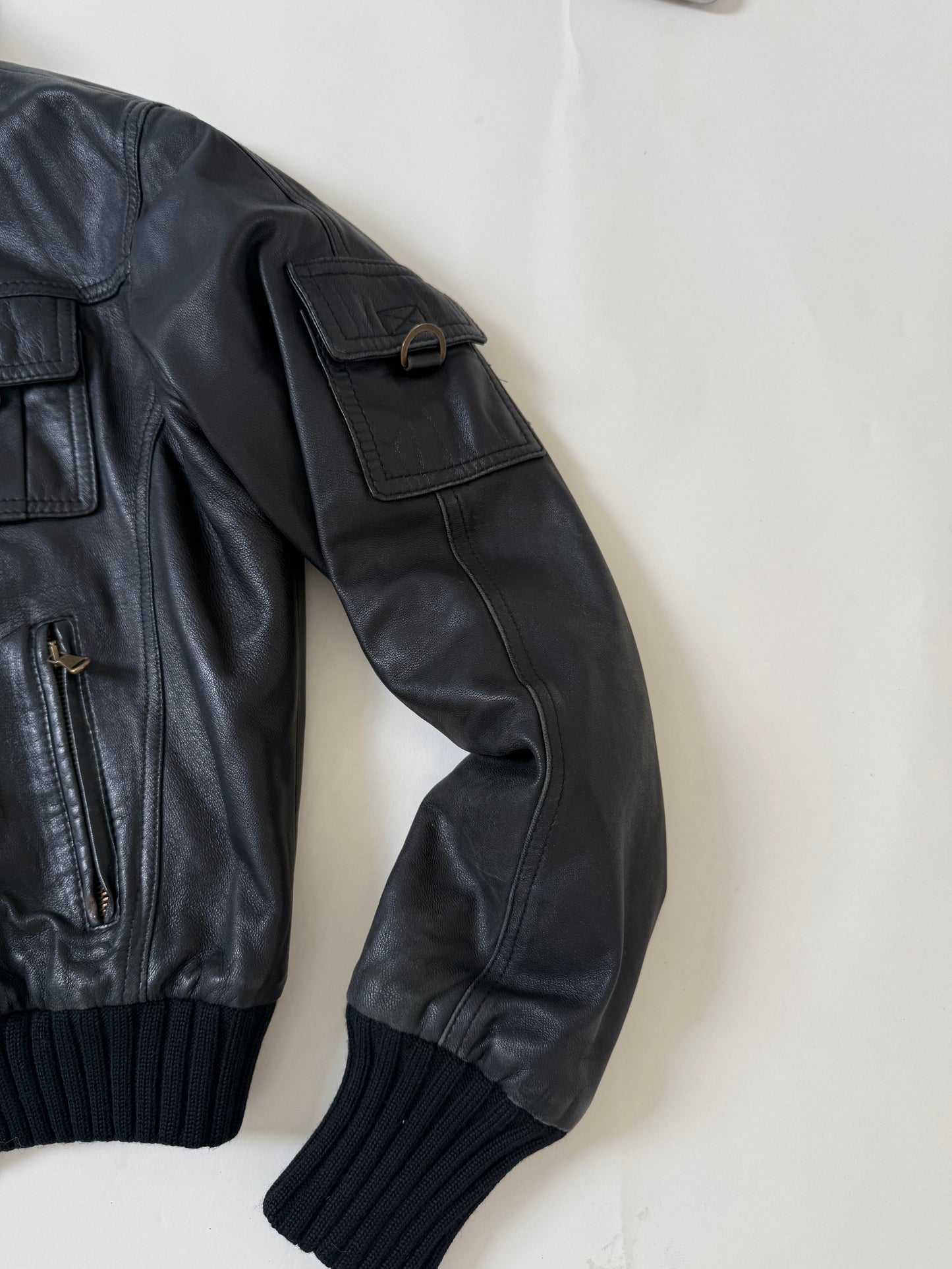 Leather Cargo Bomber Jacket (M)