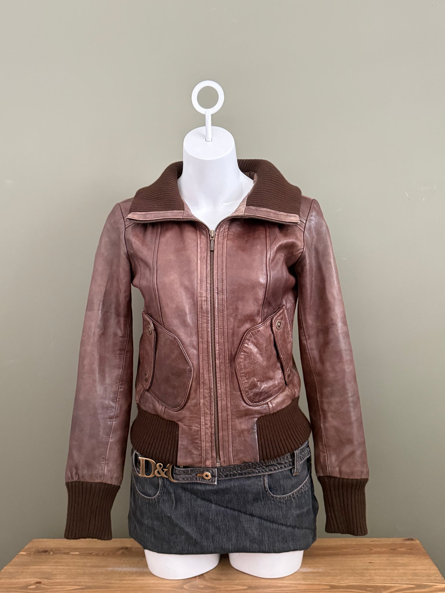 Brown Leather Bomber Jacket (UK10)