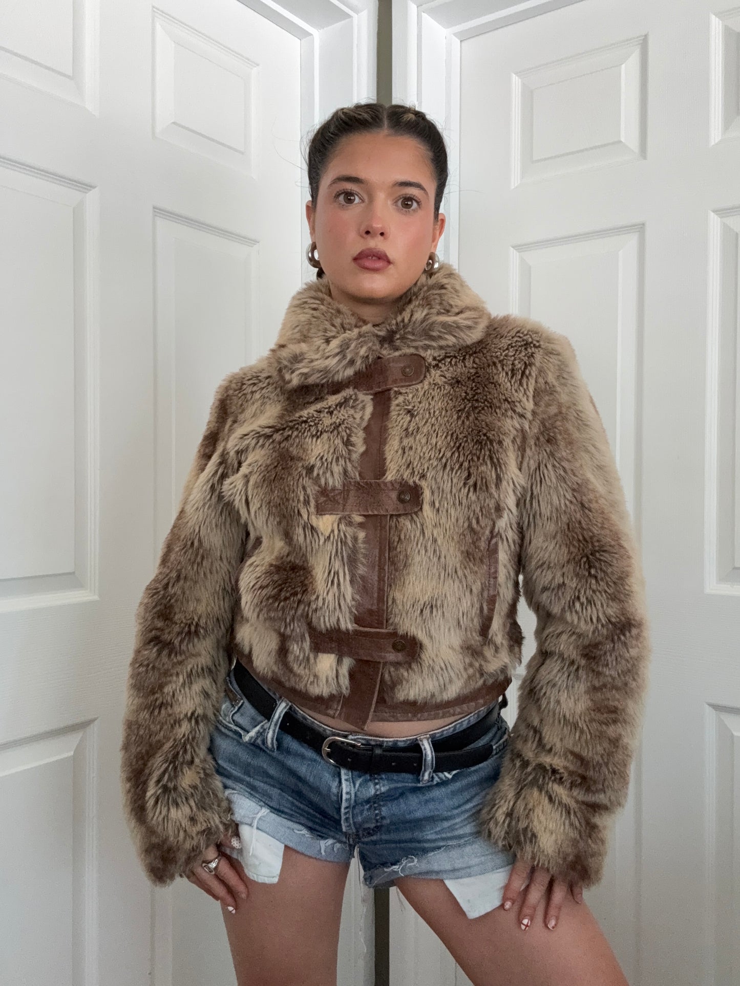 Faux Fur Buckle Bomber Jacket (UK12)