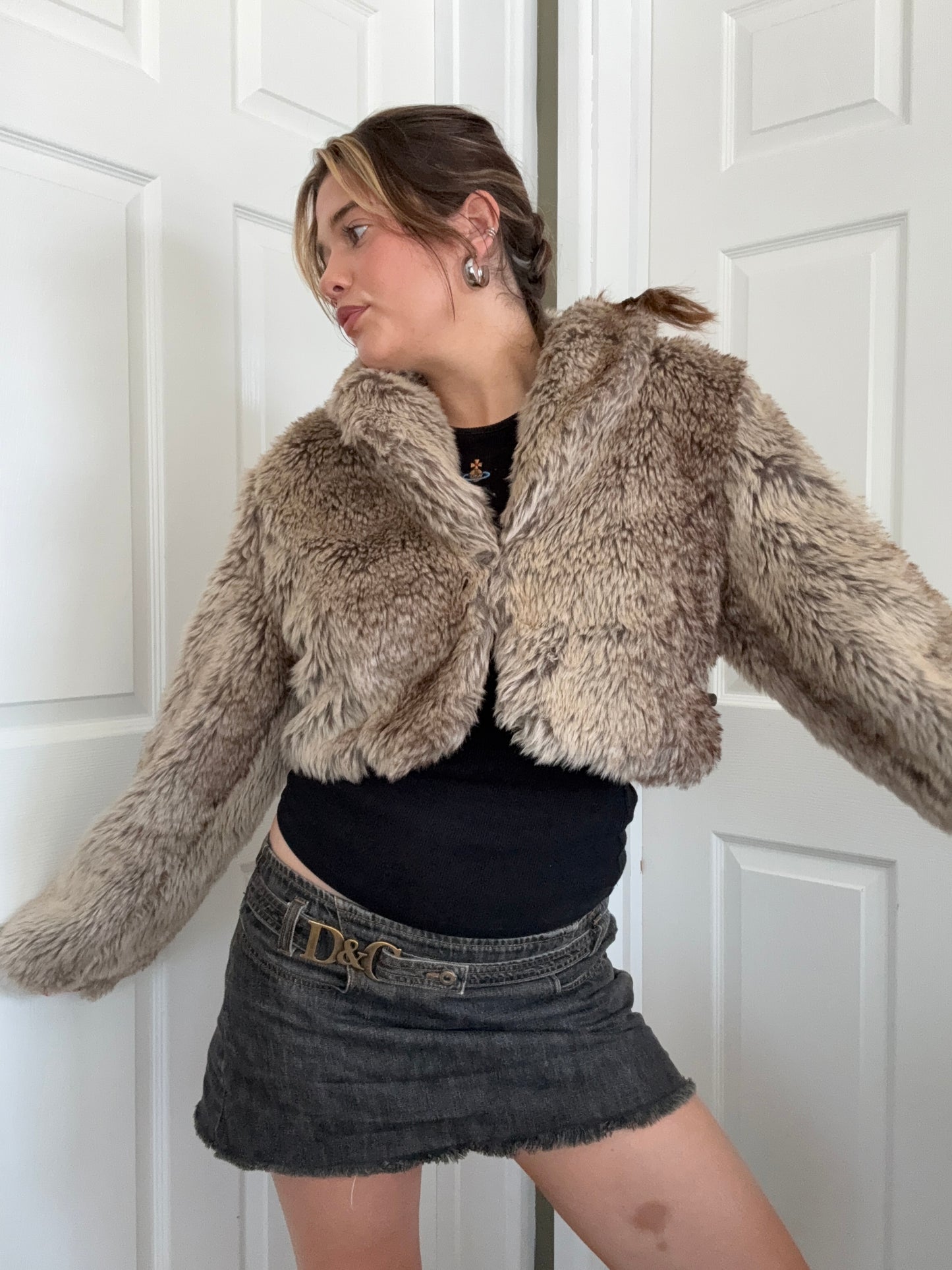 Y2K Faux Fur Cropped Jacket (S)