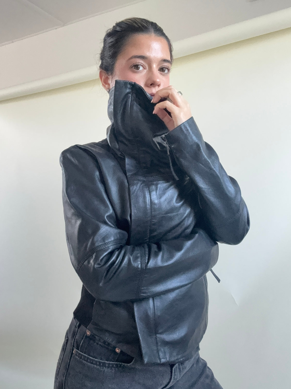 Leather Asymmetric Funnel Neck Jacket (L)