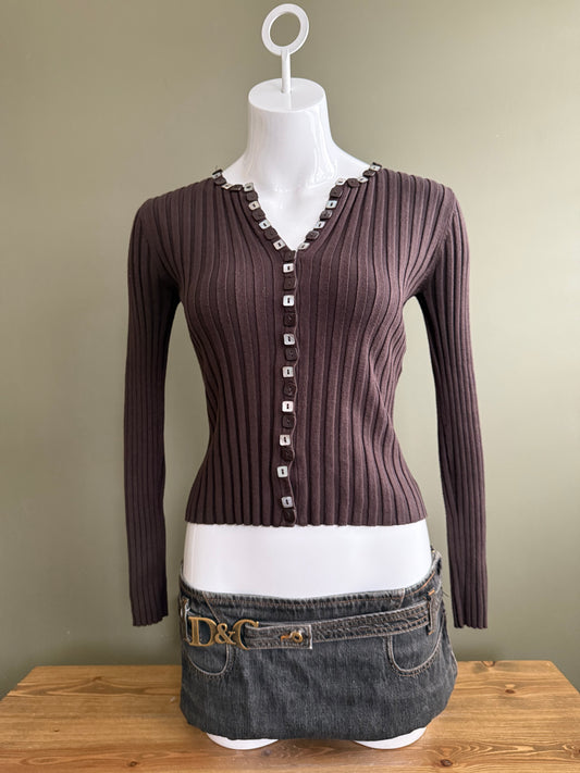 Brown Ribbed Knit Jumper (XS)