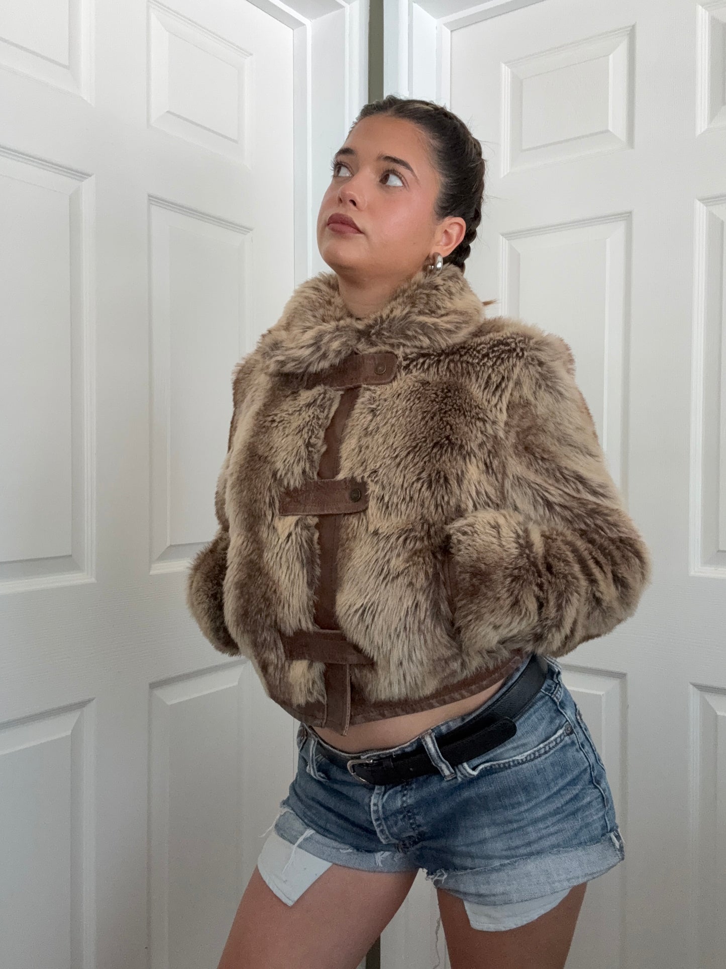 Faux Fur Buckle Bomber Jacket (UK12)