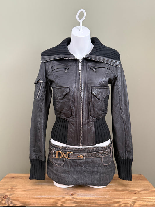 Leather Cargo Bomber Jacket (UK12)