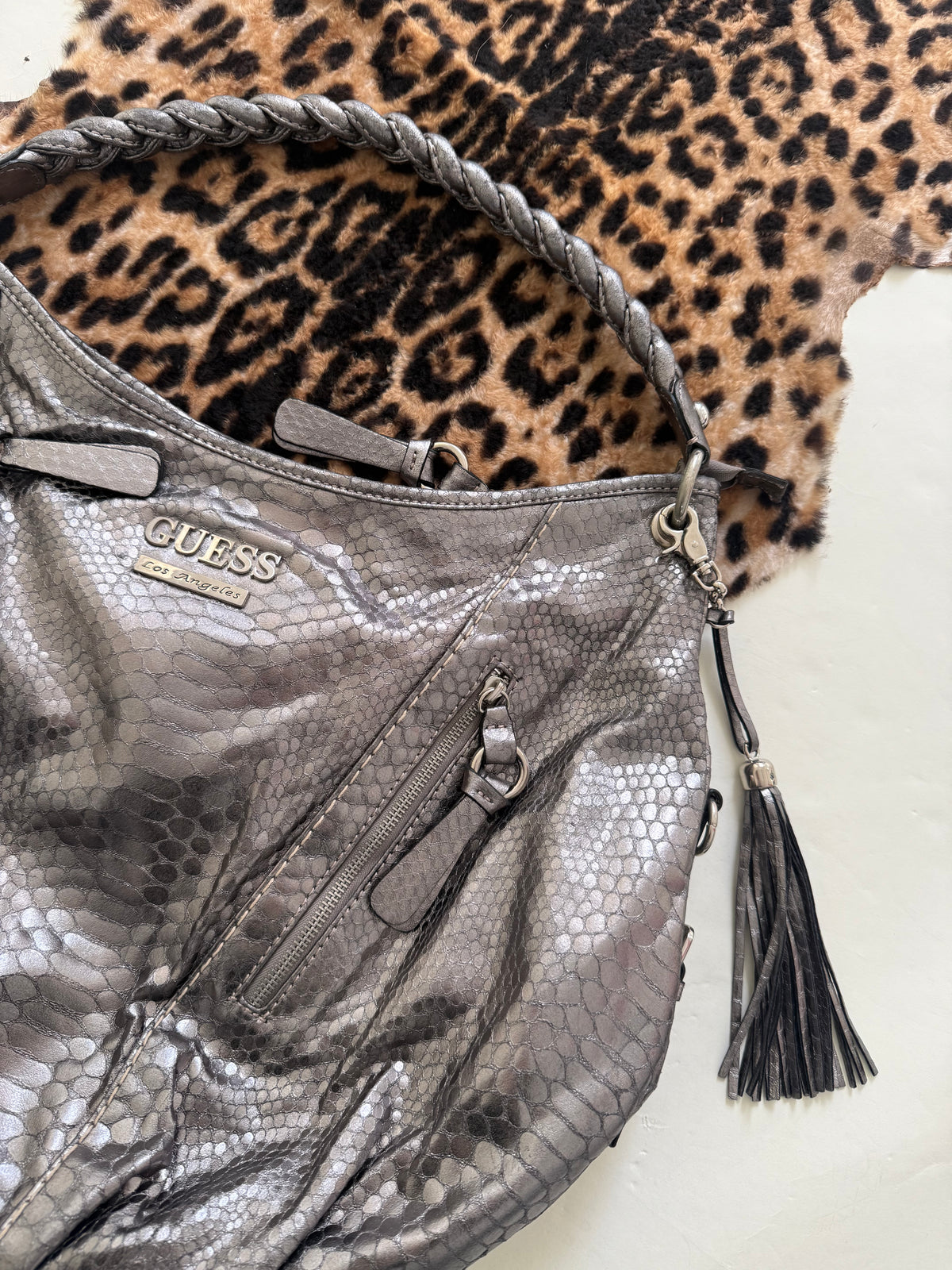 Guess Large Slouchy Metallic Silver Shoulder Bag
