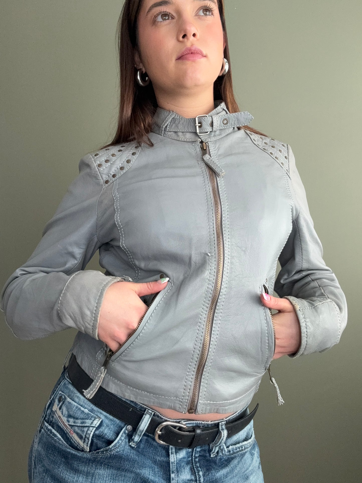 Grey Studded Leather Jacket (S)