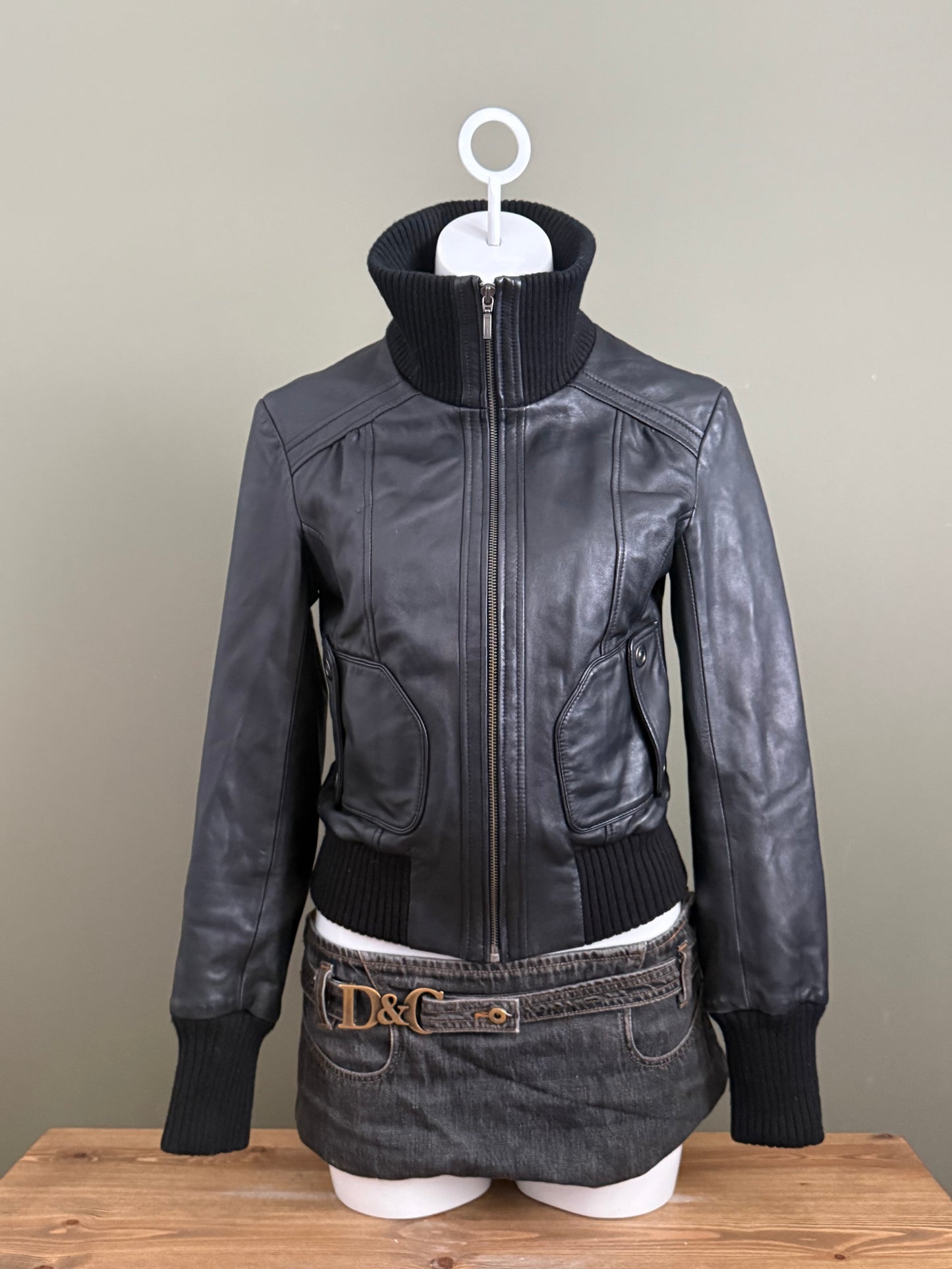 Black Leather Bomber Jacket (UK10)