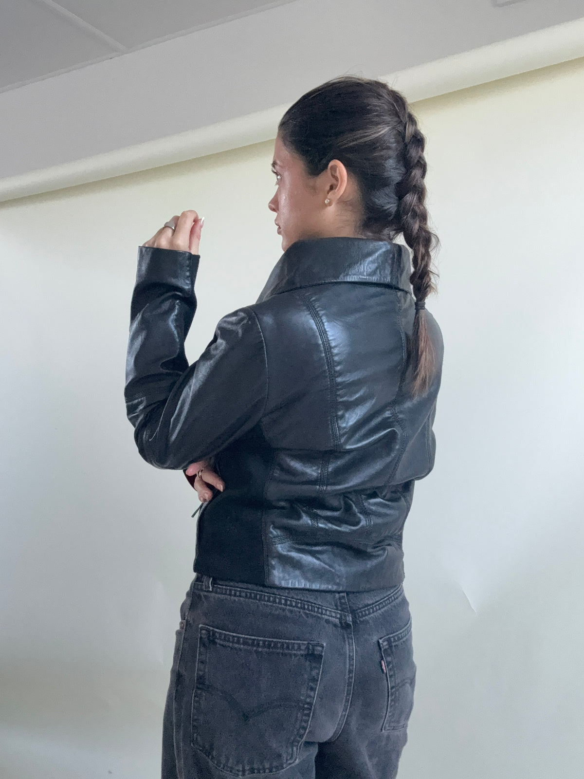 Leather Asymmetric Funnel Neck Jacket (L)