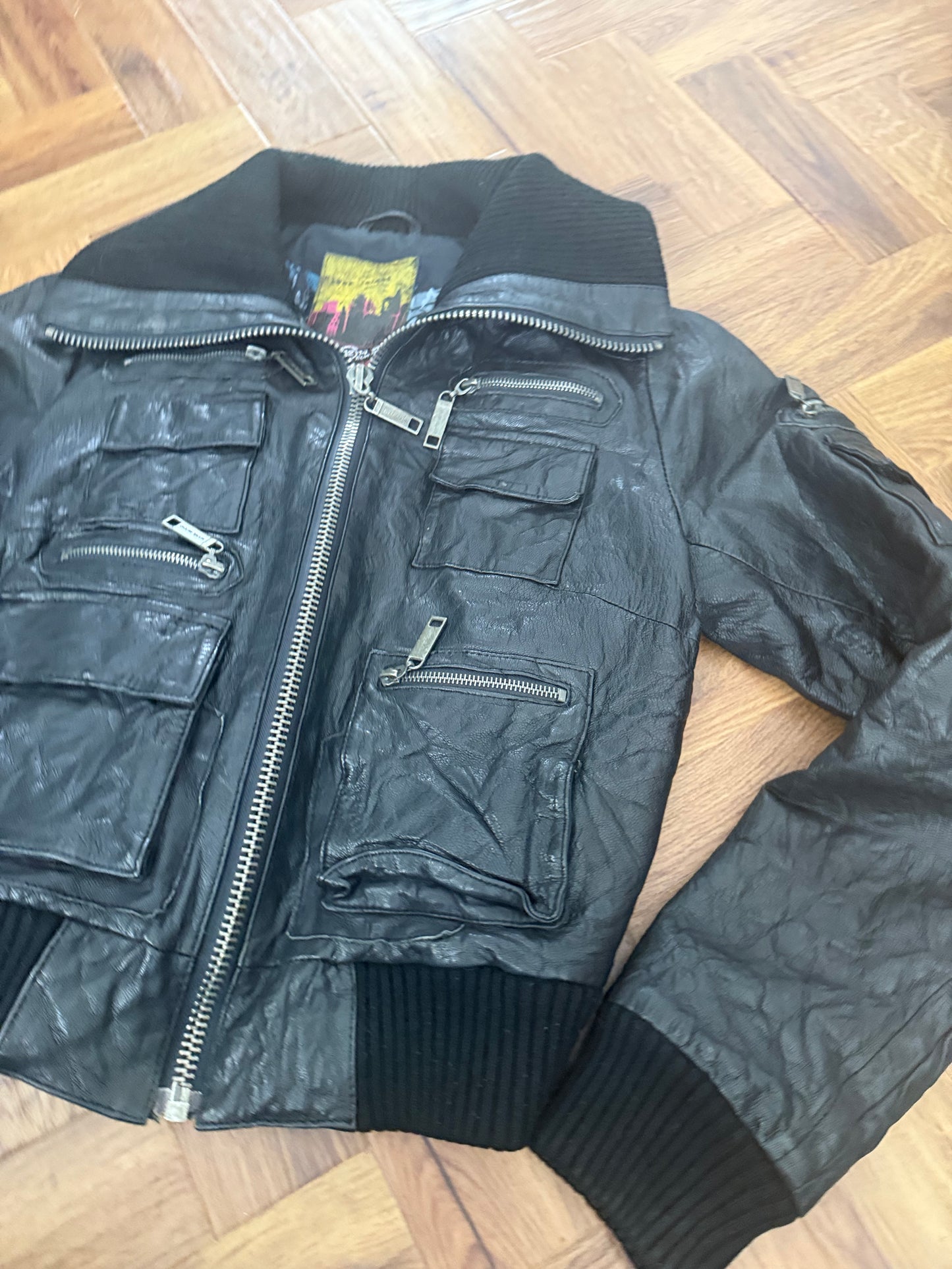 Leather Cargo Bomber Jacket (UK12)