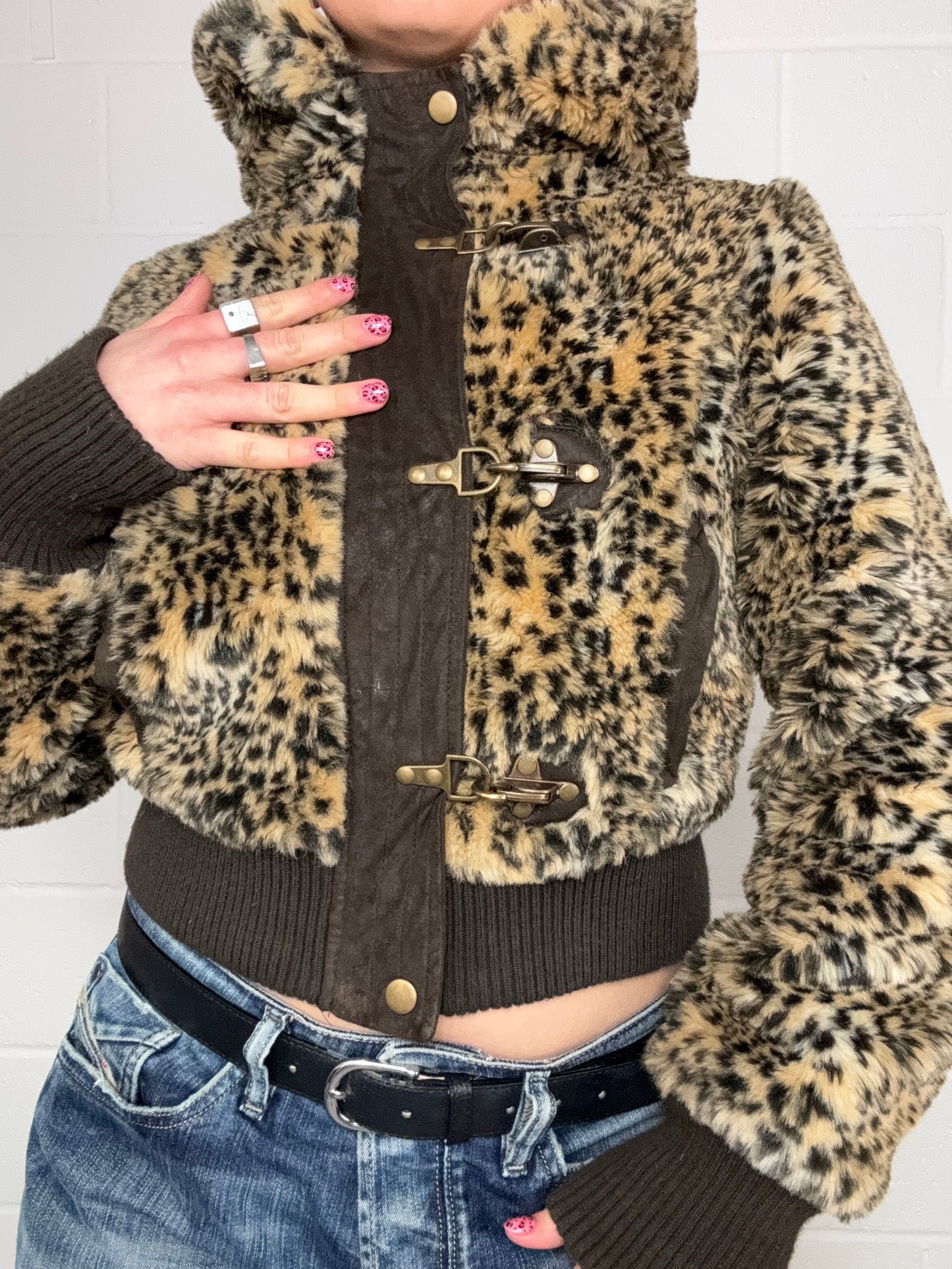 Y2K Leopard Faux Fur Jacket (M)