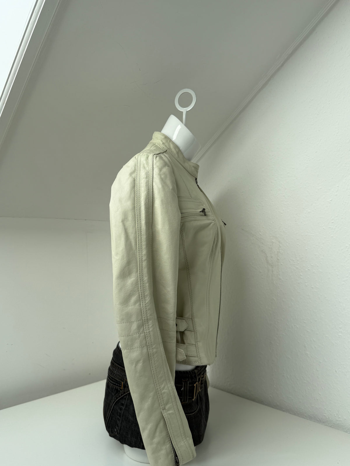 Cream Leather Vintage Buckle Jacket (UK14)