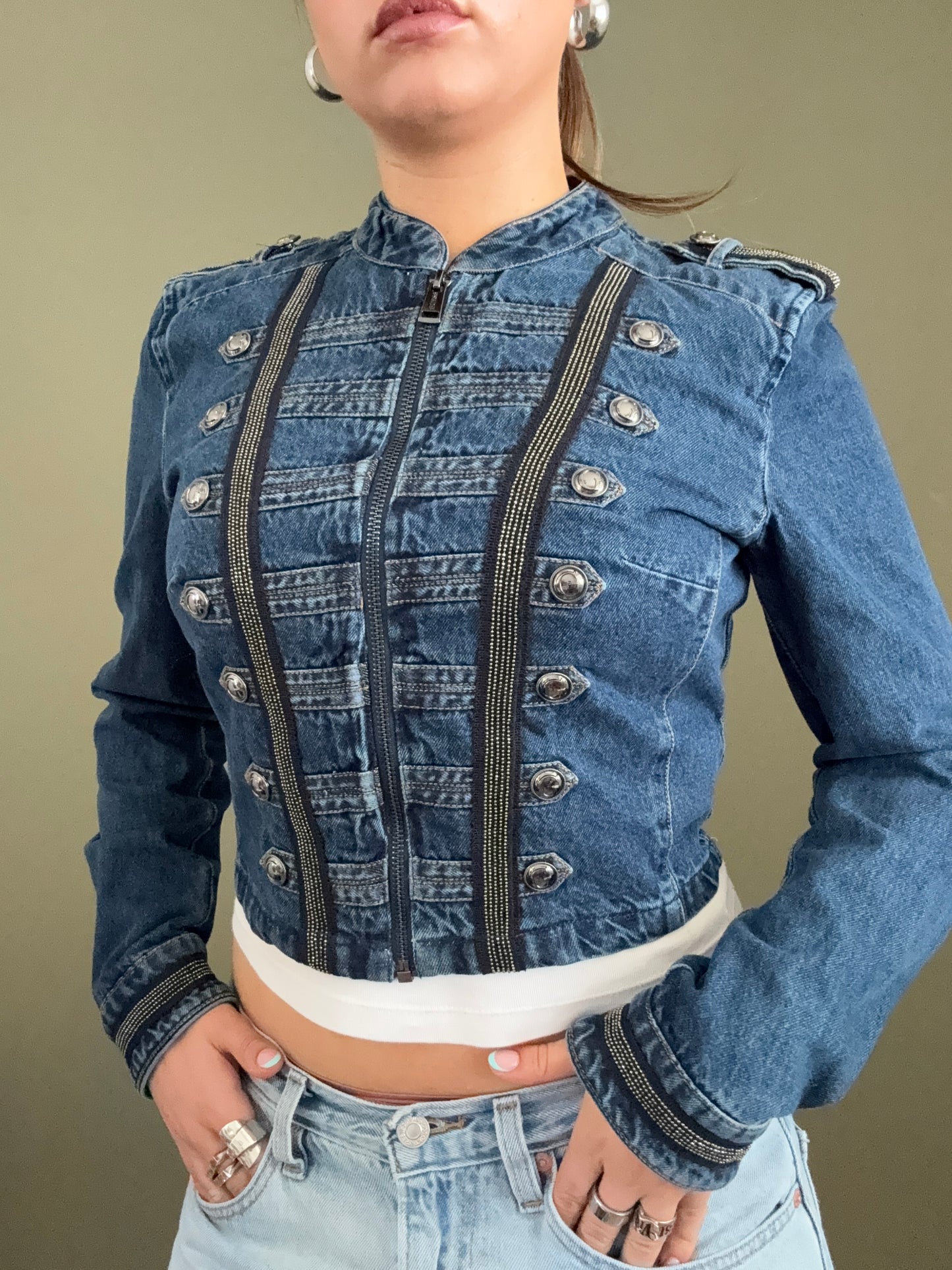 Guess Cropped Denim Military Jacket (S)