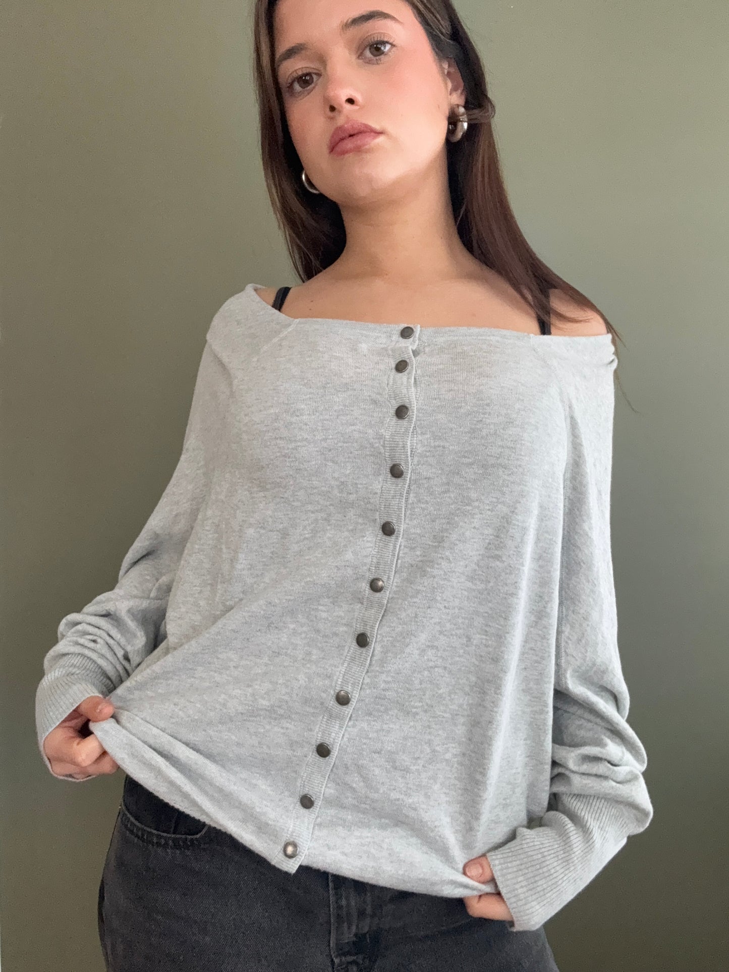 Allsaints Grey Batwing Button Up Jumper (UK10)