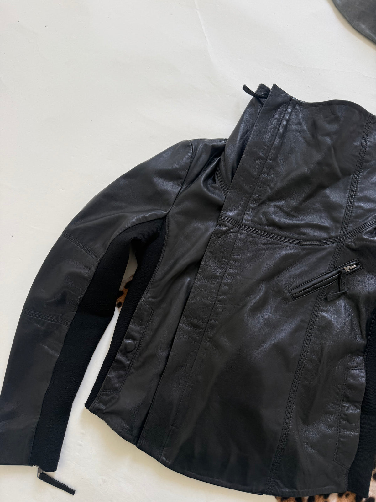 Leather Asymmetric Funnel Neck Jacket (L)
