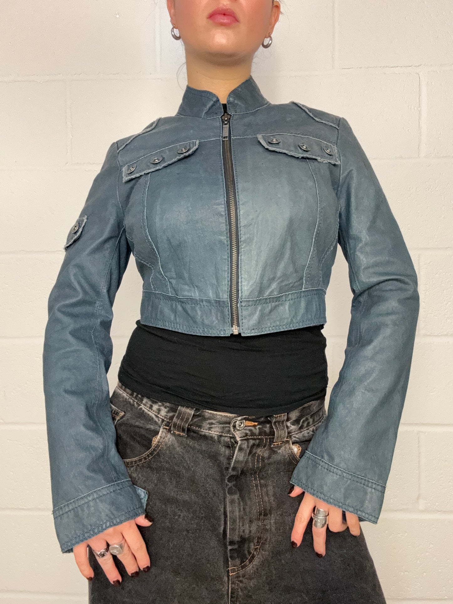 Blue Leather Cropped Jacket (UK12)