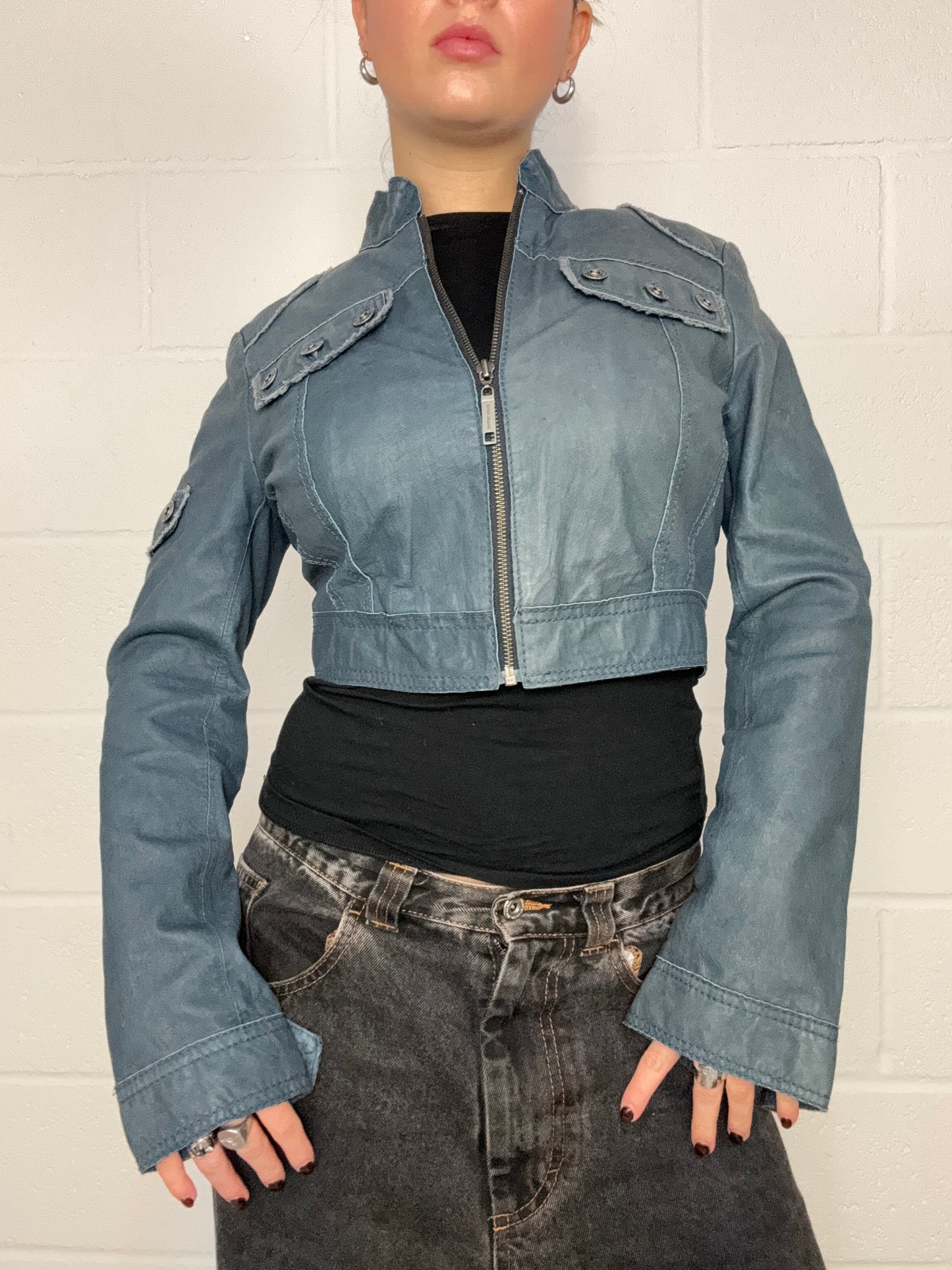 Blue Leather Cropped Jacket (UK12)