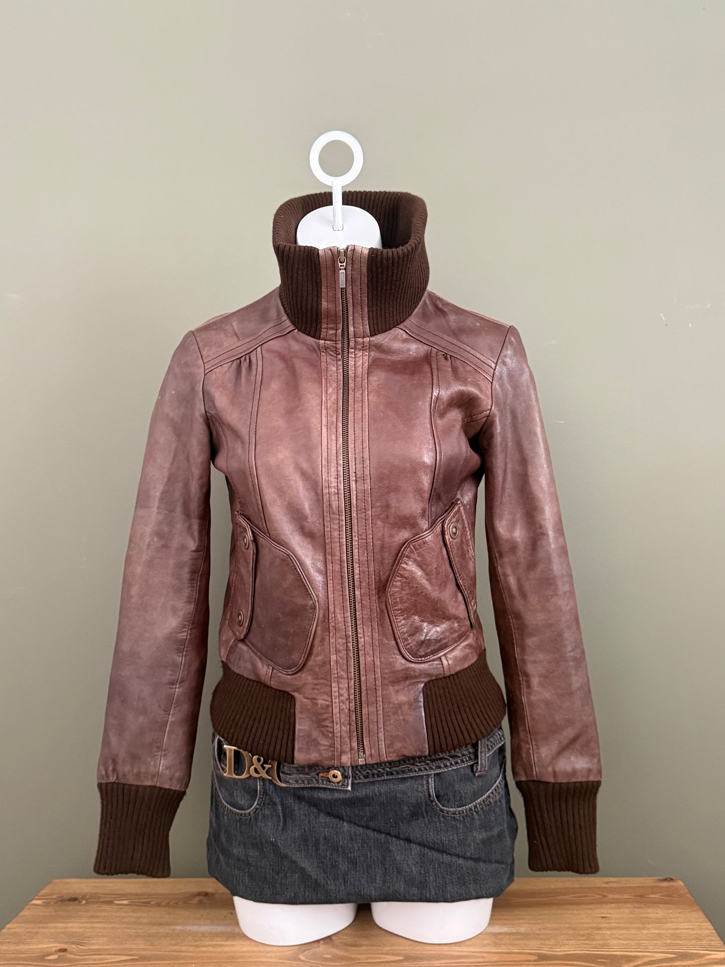Brown Leather Bomber Jacket (UK10)