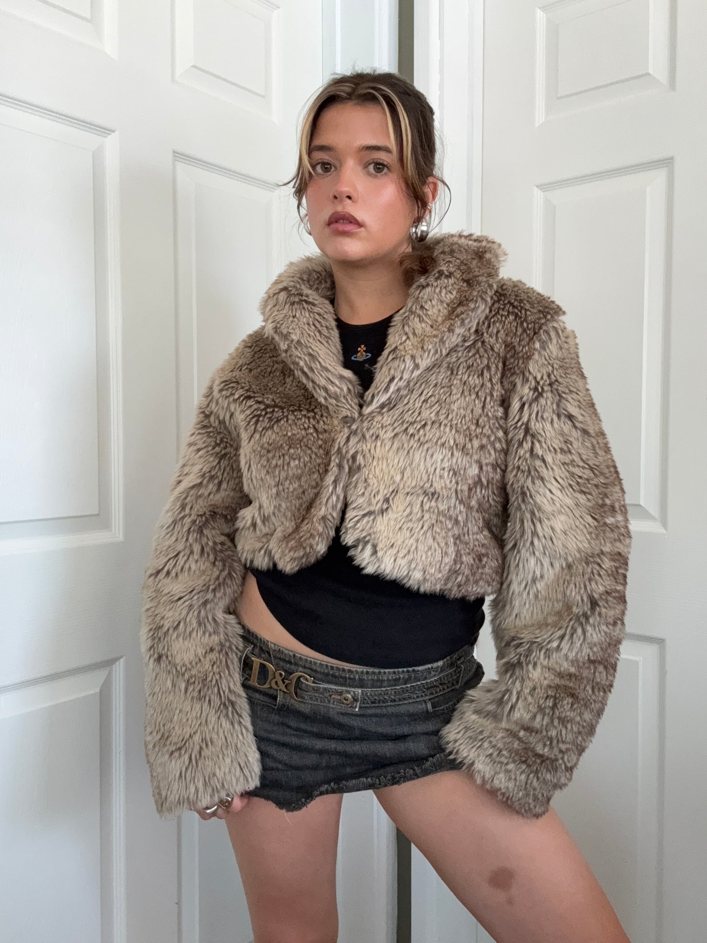 Y2K Faux Fur Cropped Jacket (S)