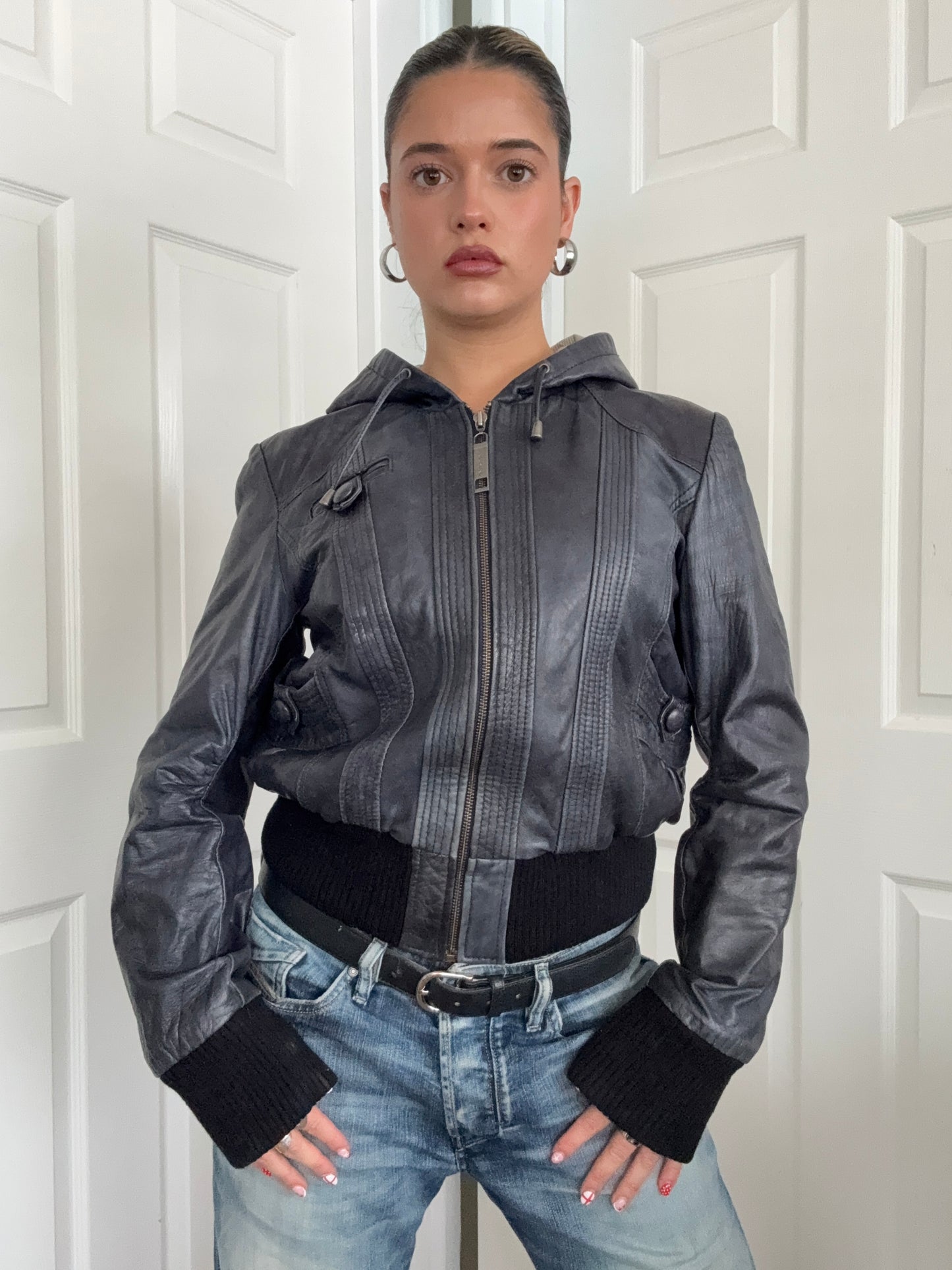 Leather Hooded Bomber Jacket (UK14)