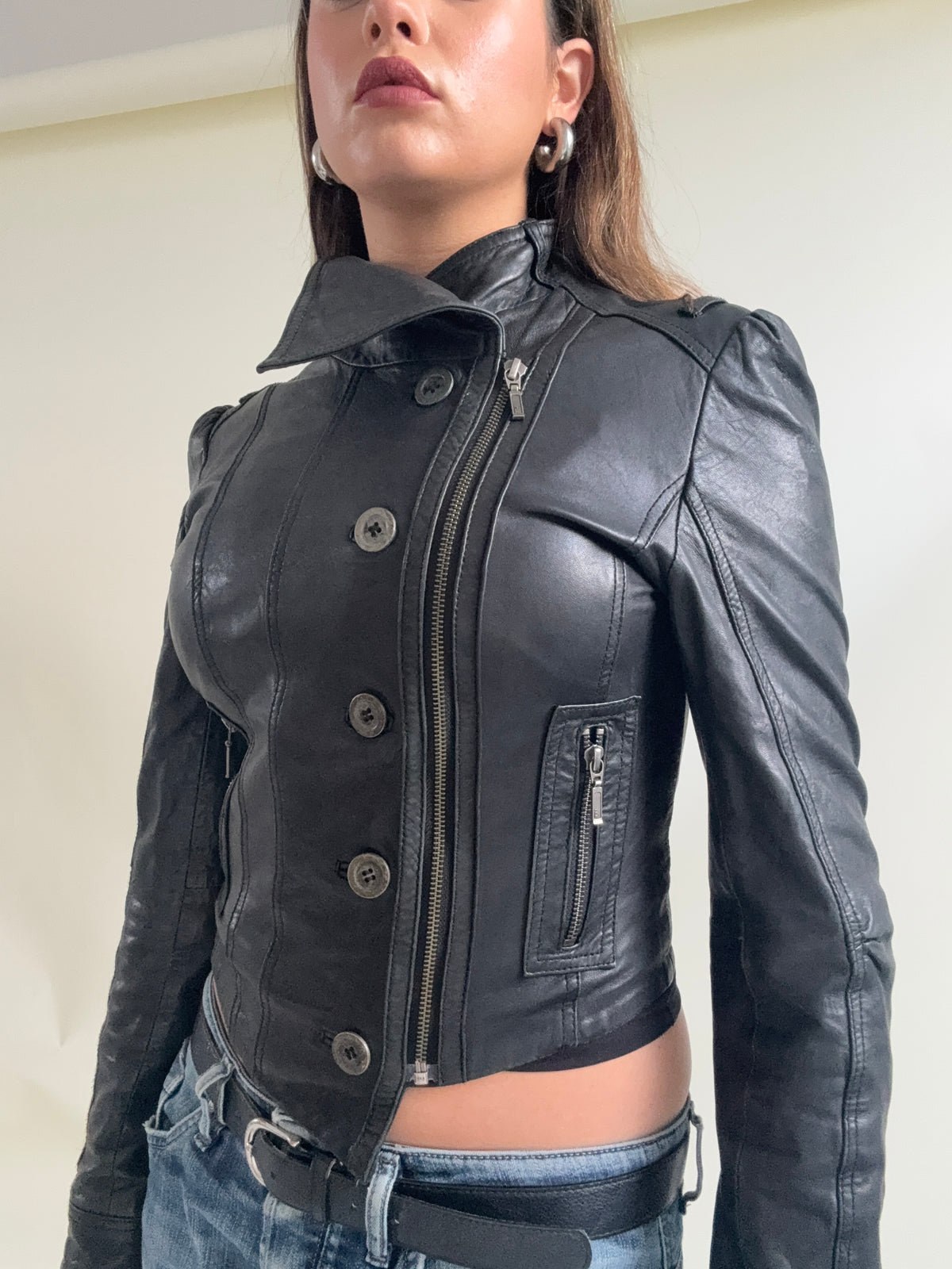 Vintage Asymmetric Leather Button Jacket (XS)
