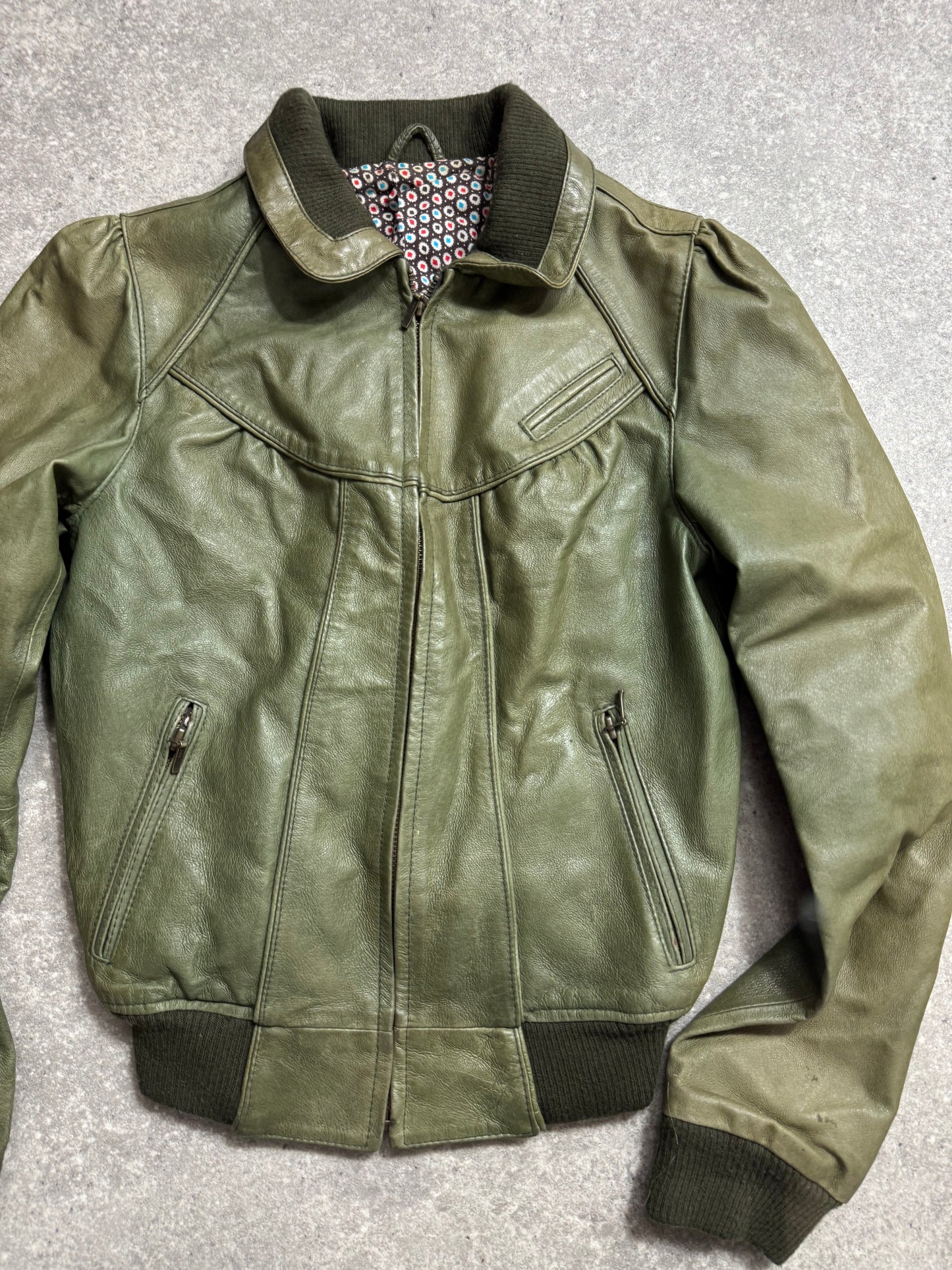 Green Leather Bomber Jacket (UK8)