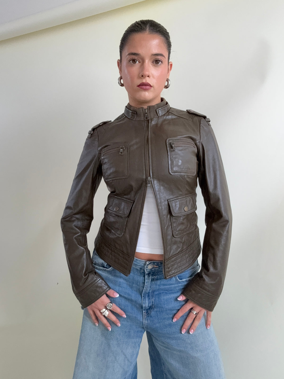Khaki Leather Cargo Jacket (UK8)