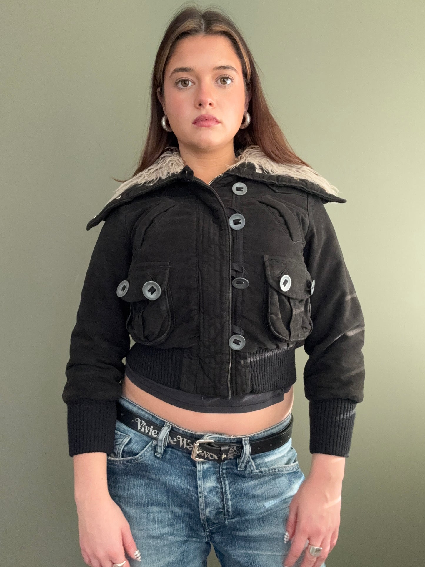 Y2K Cropped Bomber Jacket (XS)