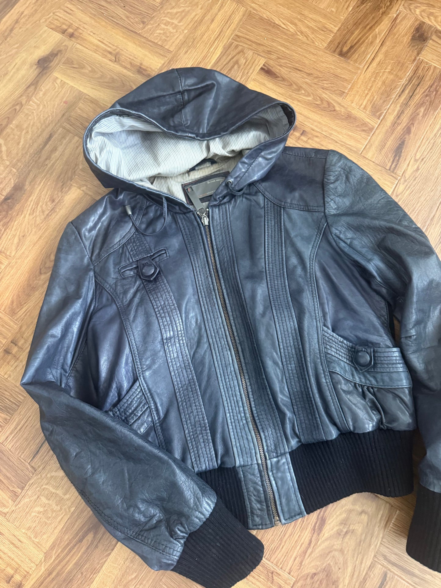 Leather Hooded Bomber Jacket (UK14)
