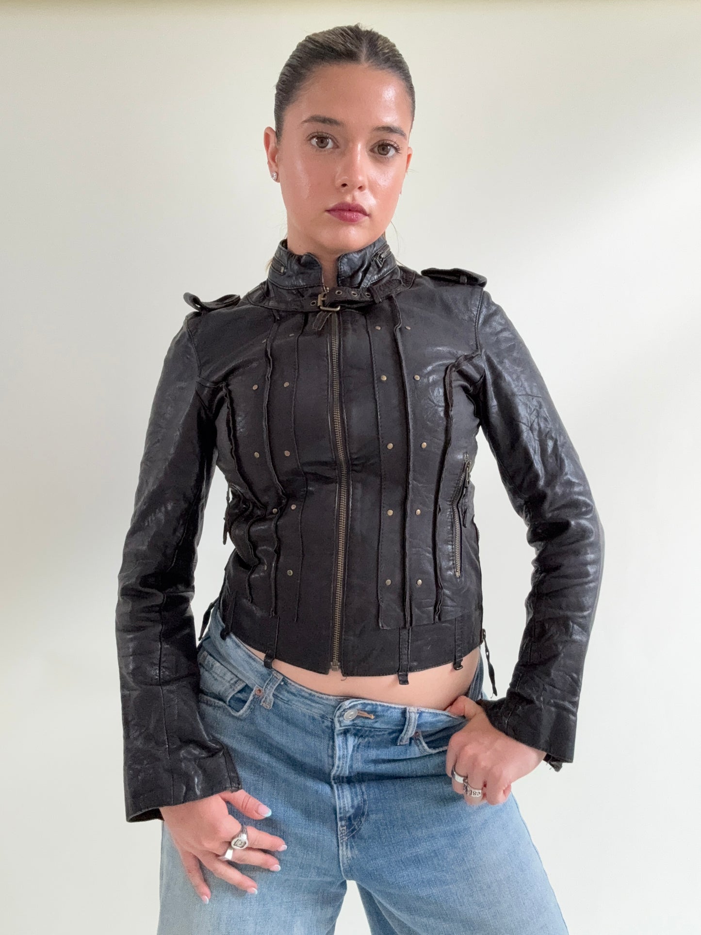 Allsaints Leather Studded Buckle Jacket (UK10)