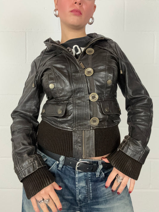 Vintage Leather Hooded Jacket (UK10)