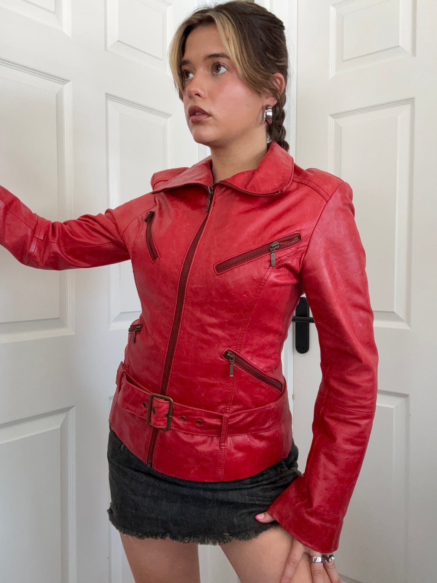 Red Leather Buckle Jacket (UK10)