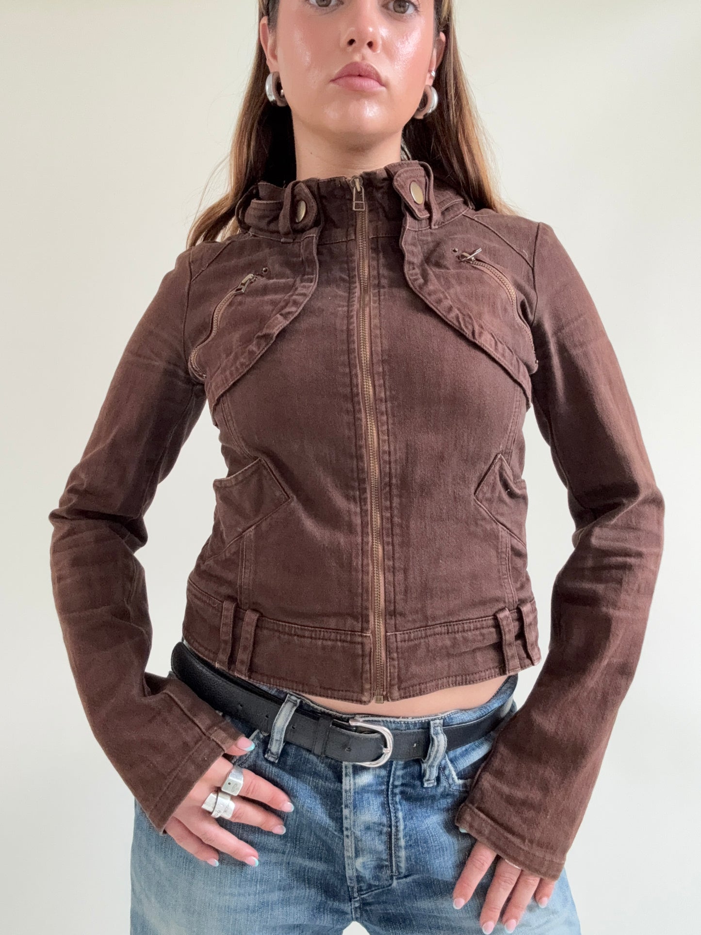 Brown Fitted Biker Jacket (M)
