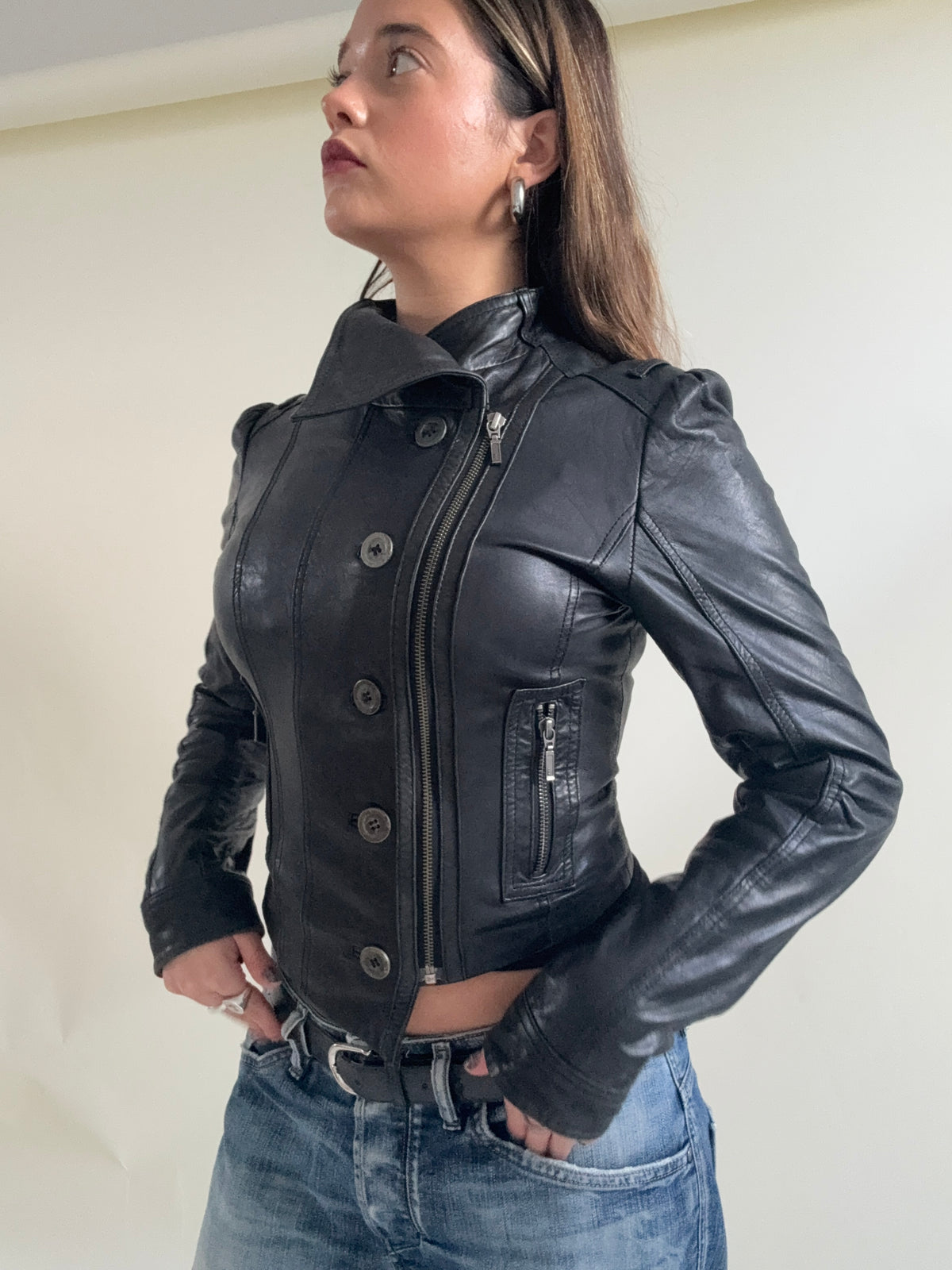 Vintage Asymmetric Leather Button Jacket (XS)
